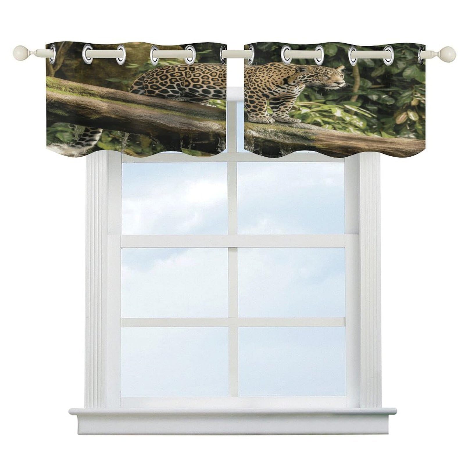 Fekiloot Style Jaguar Cat On Tree Trunk Waterfall Short Curtains Valance Curtain