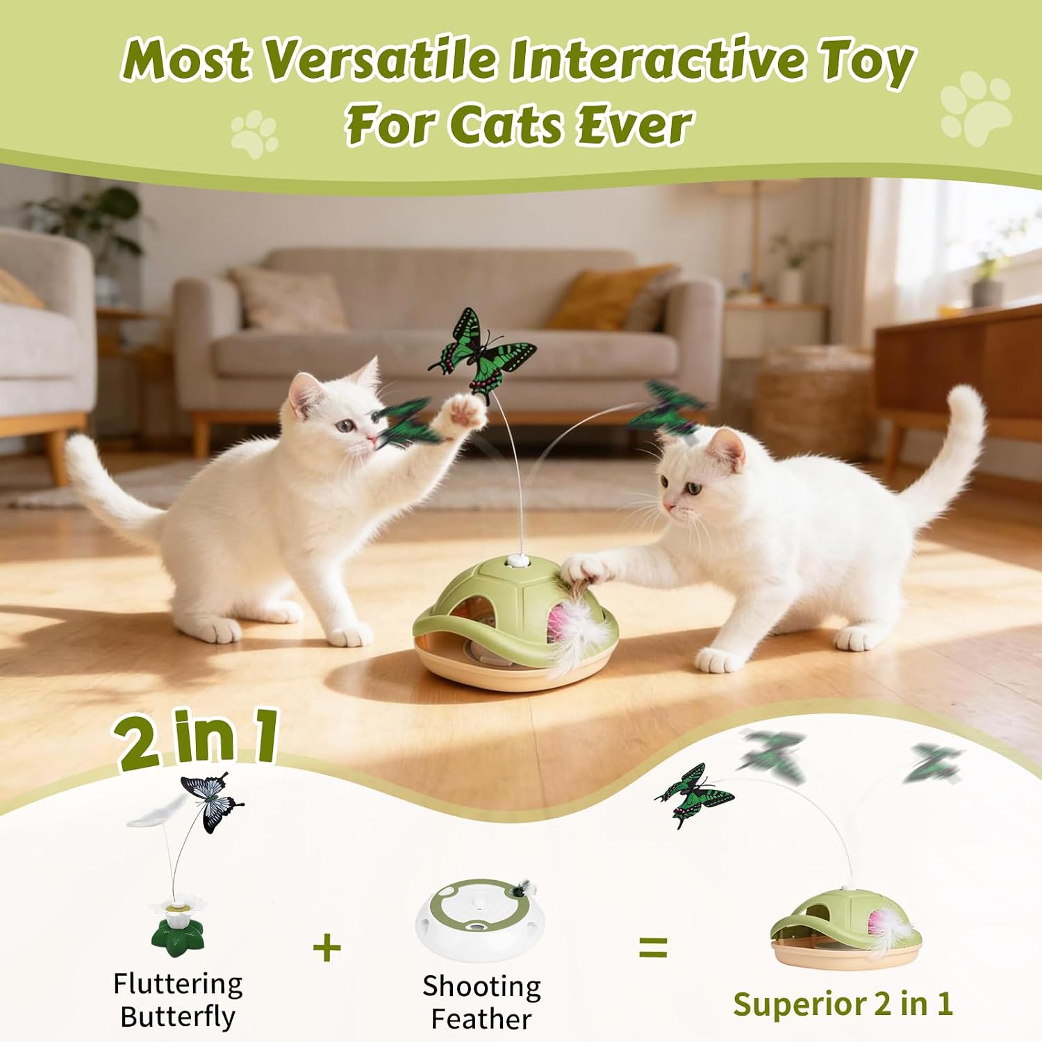 Interactive Cat Toy, 2 in 1 Automatic Cat Toys for Indoor Cats, Cat Exercise Toys with Fluttering Butterfly & Moving Feather image 3