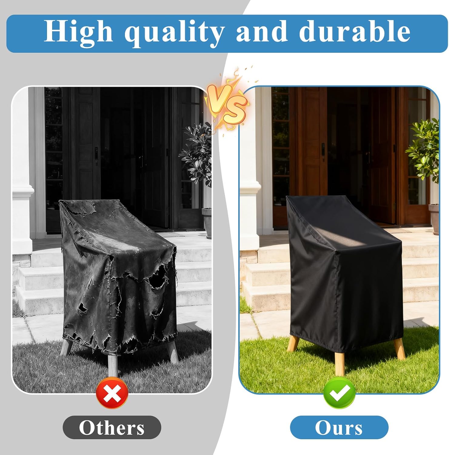 SHENLIU Chair Covers for Outdoor Waterproof 2 Pack, Lawn Chair Covers Heavy Duty Oxford Cloth High Back Patio Cover, Large Cover Fits 4-6 Stackable Dining Chairs, 25"W x 25"D x 47"H, Black - Image 7