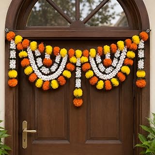 Rajasthan Kraft Artificial Marigold Bandanwar 40 Inch | Orange Yellow & Jasmine Flower Door Bandanwar for Diwali, Navratri... Price In India