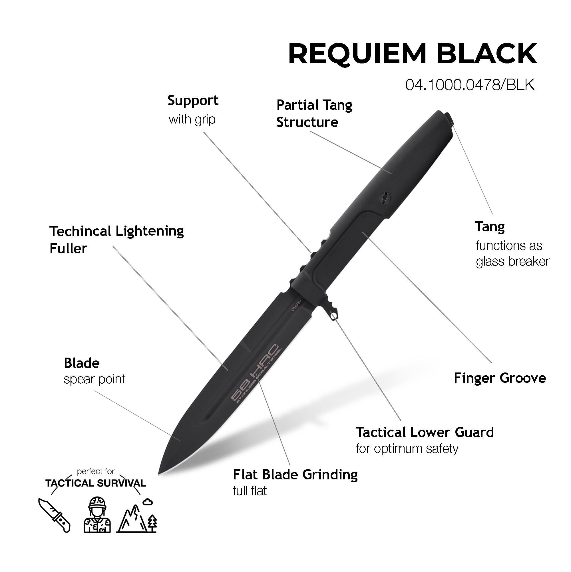 Extrema Ratio - Requiem (Black) Fixed Blade Knife, Bohler N690 steel blade 4.9 mm thick, hardened to 58 HRC, black burnished finish, lightweight ergonomic handle, made in Italy