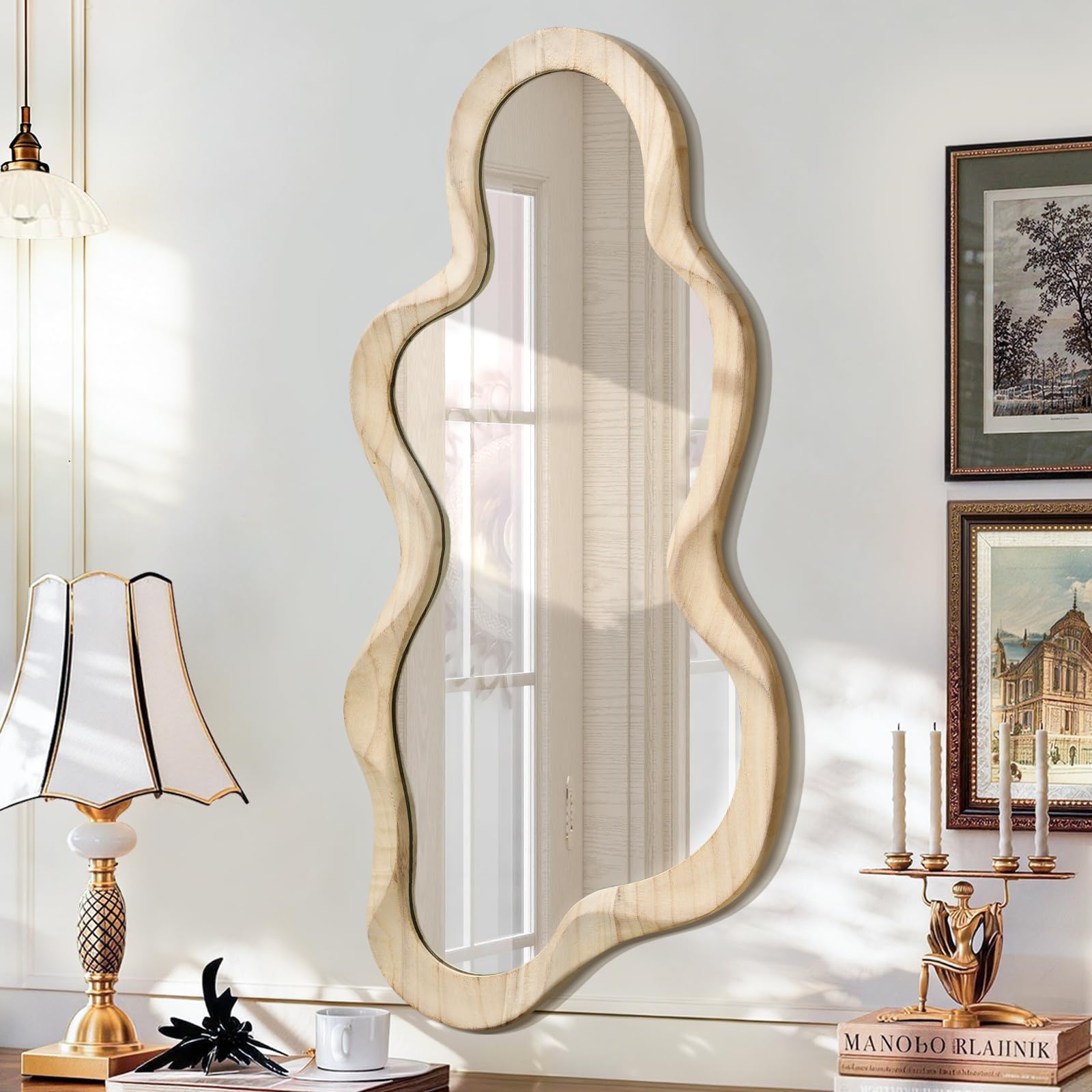 – Asymmetrical Mirror for Decor Large 76x36cm Modern Wooden Framed Wall Mirrors Unique Shape Wall Mounted Vanity Artistic Wavy Mirror Decorative for Living Room Bedroom Bathroom Entryway Natural