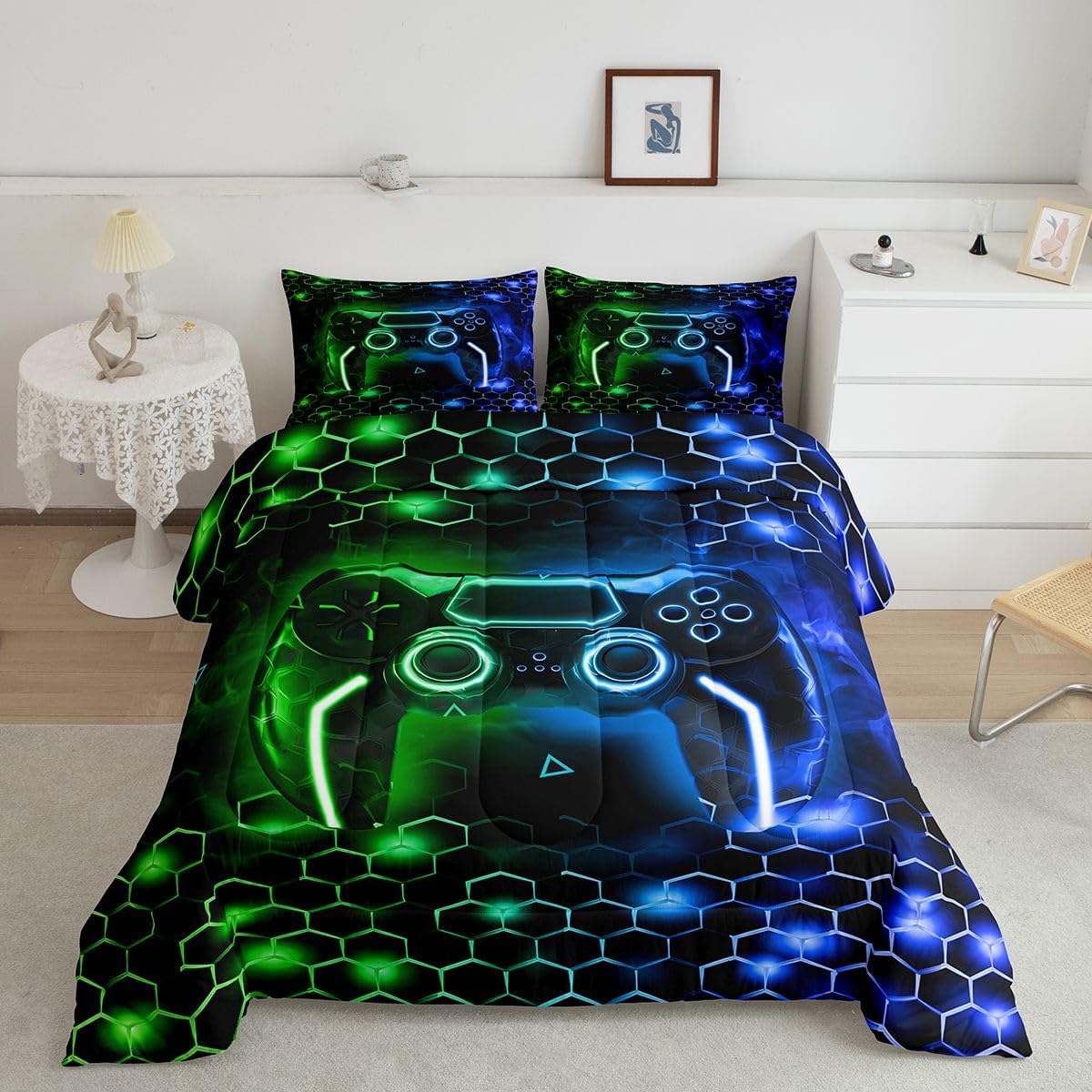 Feelyou Gamer Bedding Set Queen Size Gaming Honeycomb Comforter Set Game Controller Comforter Hexagon Gaming Gifts Green and Blue Duvet Set with 2 Pillow Case
