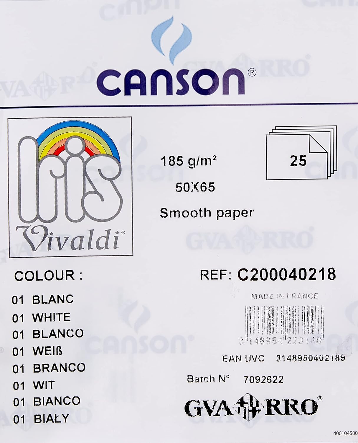 Canson 200409038 25 Sheets Cardboard 50 x 65 cm White