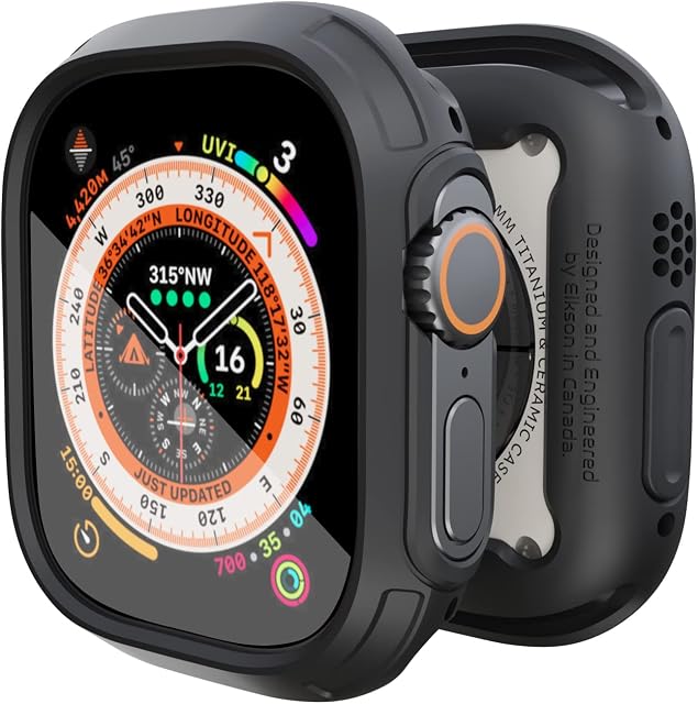 elkson Case Screen Protector Compatible with Apple Watch Ultra 49mm, Quattro Max Series Rugged Cover Tempered Glass Film, Military Protective for iWatch 49 mm Men Flexible Shock Proof, Black