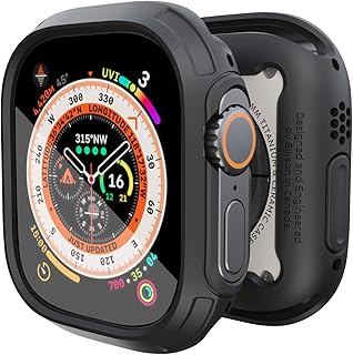 Elkson Compatible Apple Watch Ultra Bumper Case & Screen Protector Kit 49mm Quattro Max Series Rugged, Military-Grade Durable Flexible Shockproof Protective Cover with Tempered Glass for iWatch, Black