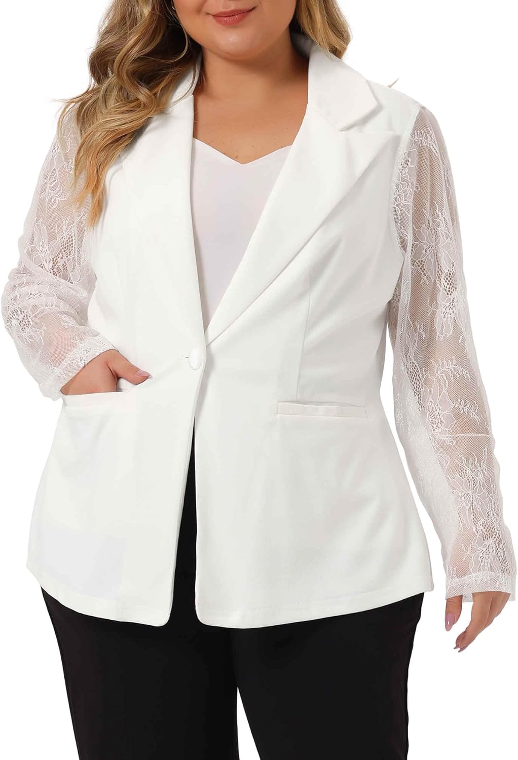 Agnes Orinda Plus Size Blazer for Women Work Jacket Notch Lapel Lace Front Blazers Jackets