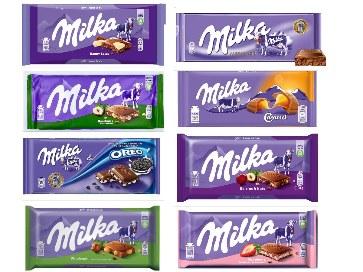 Milkaa European Chocolate Bars Variety Pack of 8 Full Size Bars (Alpine Milk, Happy Cows, Hazelnut, Caramel, Oreo, Raisin, Wholenut, Strawberry)