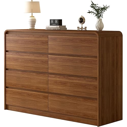 Messenya Modern 8-Drawer Dresser 55-Inch Wide, Curved Anti-Collision Design, Mid-Century Storage Cabinet with Pre-Embedded Slots, Sturdy Reusable, Ideal for Bedroom/Living Room/TV (Brown, 8-55.1)