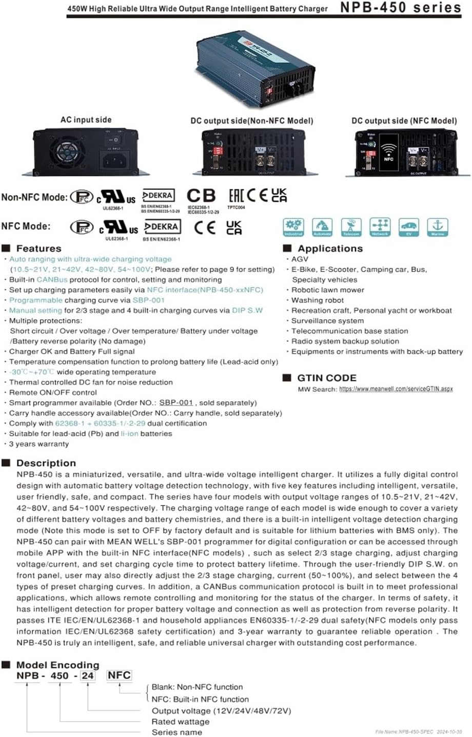 NPB-450 NPB-450-12 NPB-450-24 NPB-450-48 NPB-450-72 450W Segment Lithium Lead-Acid Battery Switching Power Supply(Npb-450-48)