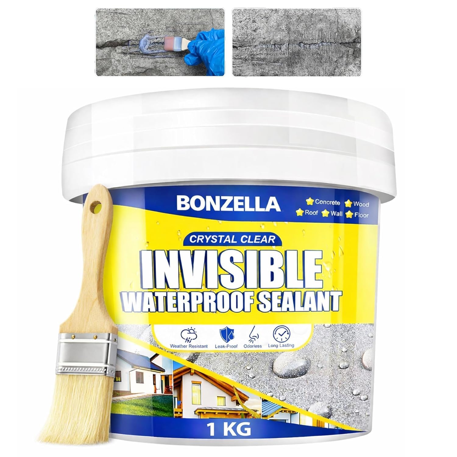BONZELLA 1Kg Transparent Waterproofing Glue with Brush for Roof Leakage,Crack Seal Water Leakage Solution Indoor Outdoor, Waterproof Adhesive Sealant for Bathroom Pipe Wall Tile Surface Window (500GM)