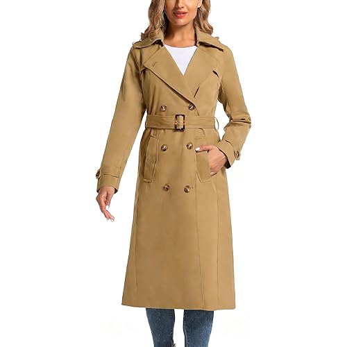 Women's Waterproof Long Trench Coat Double Breasted Length Classic Lapel Belt Coat With Removable Hood