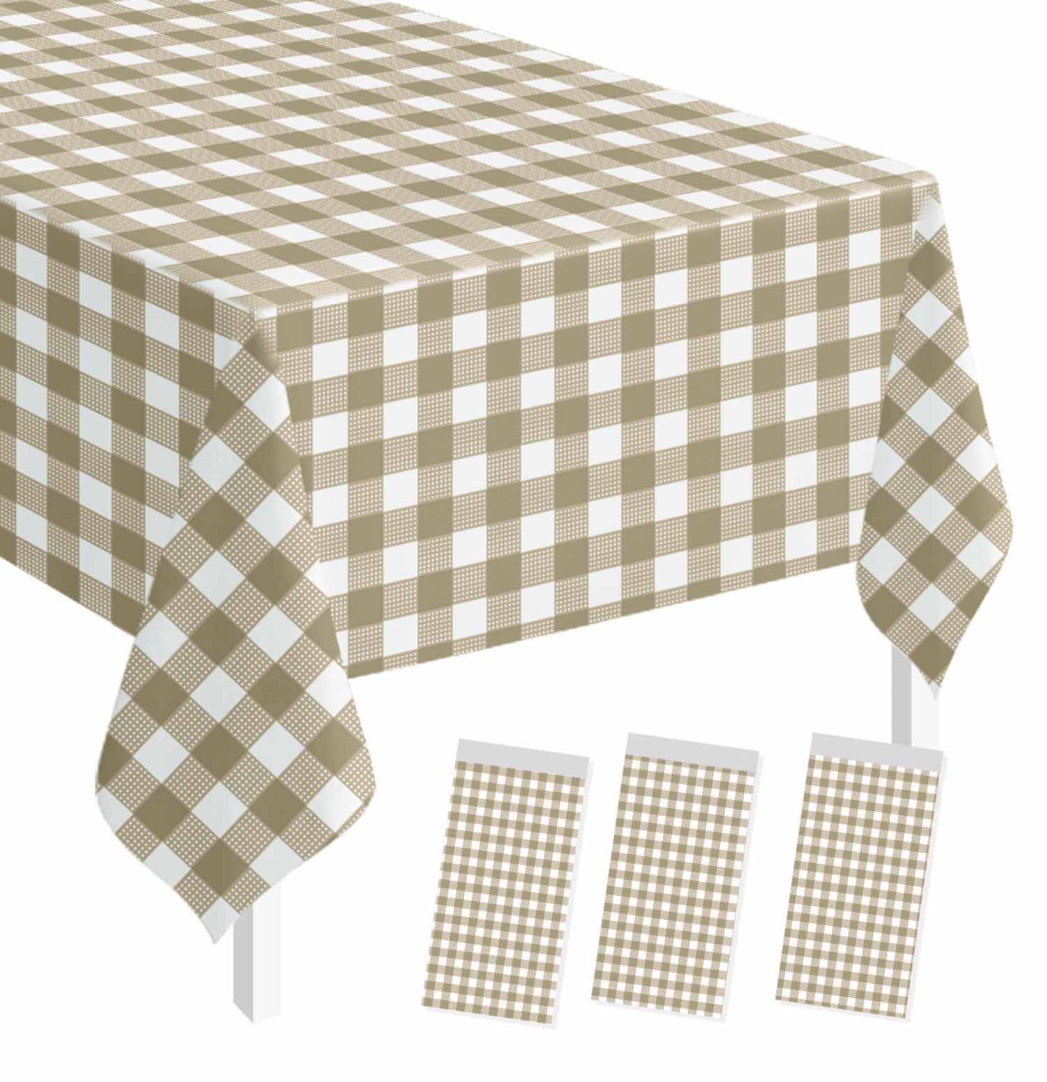 SietDESEO 3 Pack Brown Gingham Tablecloth Rectangle 54 x 108 Brown and White Checkered Table Cloth Disposable Plaid Table Cover Plastic for Birthday Baby Shower Picnic Wedding Party Supplies