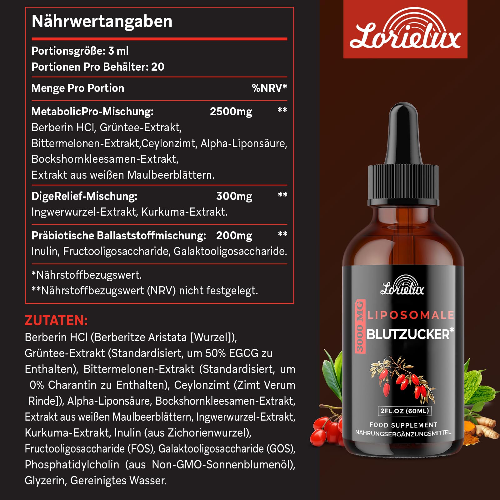 Liposomale Berberin Tropfen, 3000mg Blutzucker-Unterstützung, mit Grüntee-Extrakt, Ceylon-Zimt und Ingwerwurzel, 60 ml