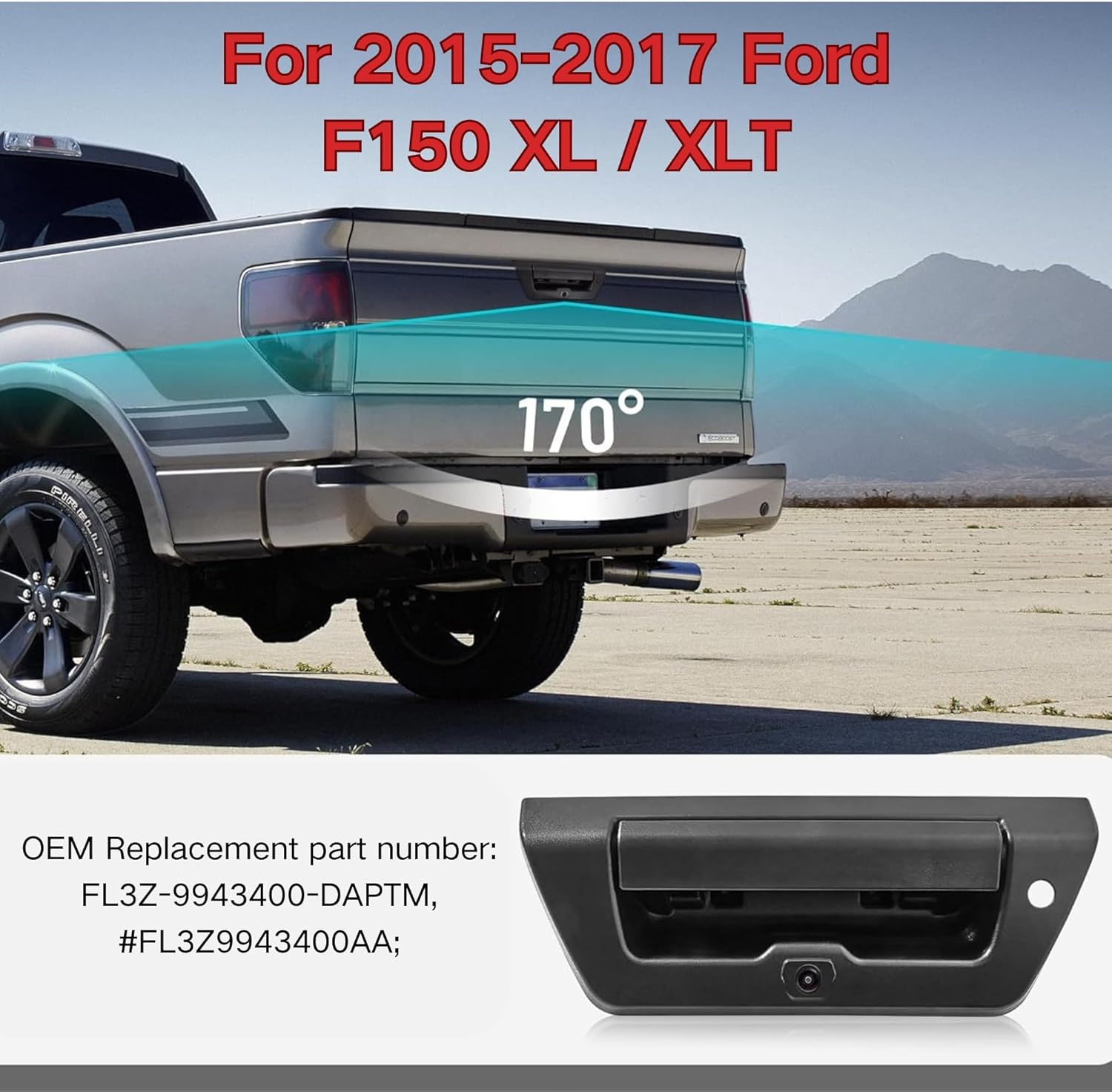 RED WOLF Tailgate Handle w/Backup Camera for 2015-2017 Ford F150 XL XLT Replace OEM #FL3Z9943400AA Rear View Reverse Camera with Keyhole RCA Plug, Parking Guideline Available