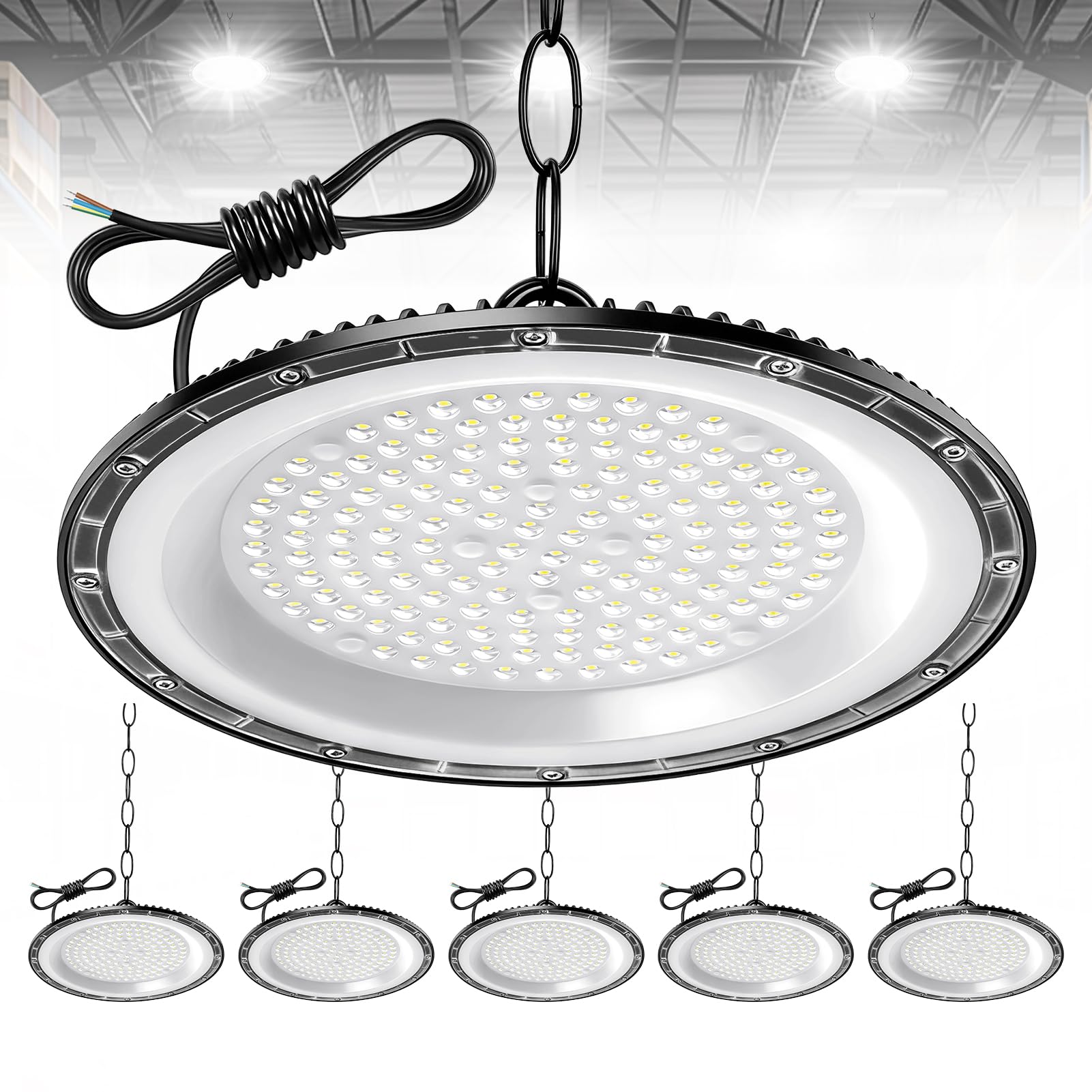6 Pack 200W UFO LED High Bay Light 20000LM, Cold White 6500K Super Bright Workshop Lighting, IP65 Waterproof Industrial Lights, Commercial Bay Lighting for Workshop, Warehouse, Garage, Factory