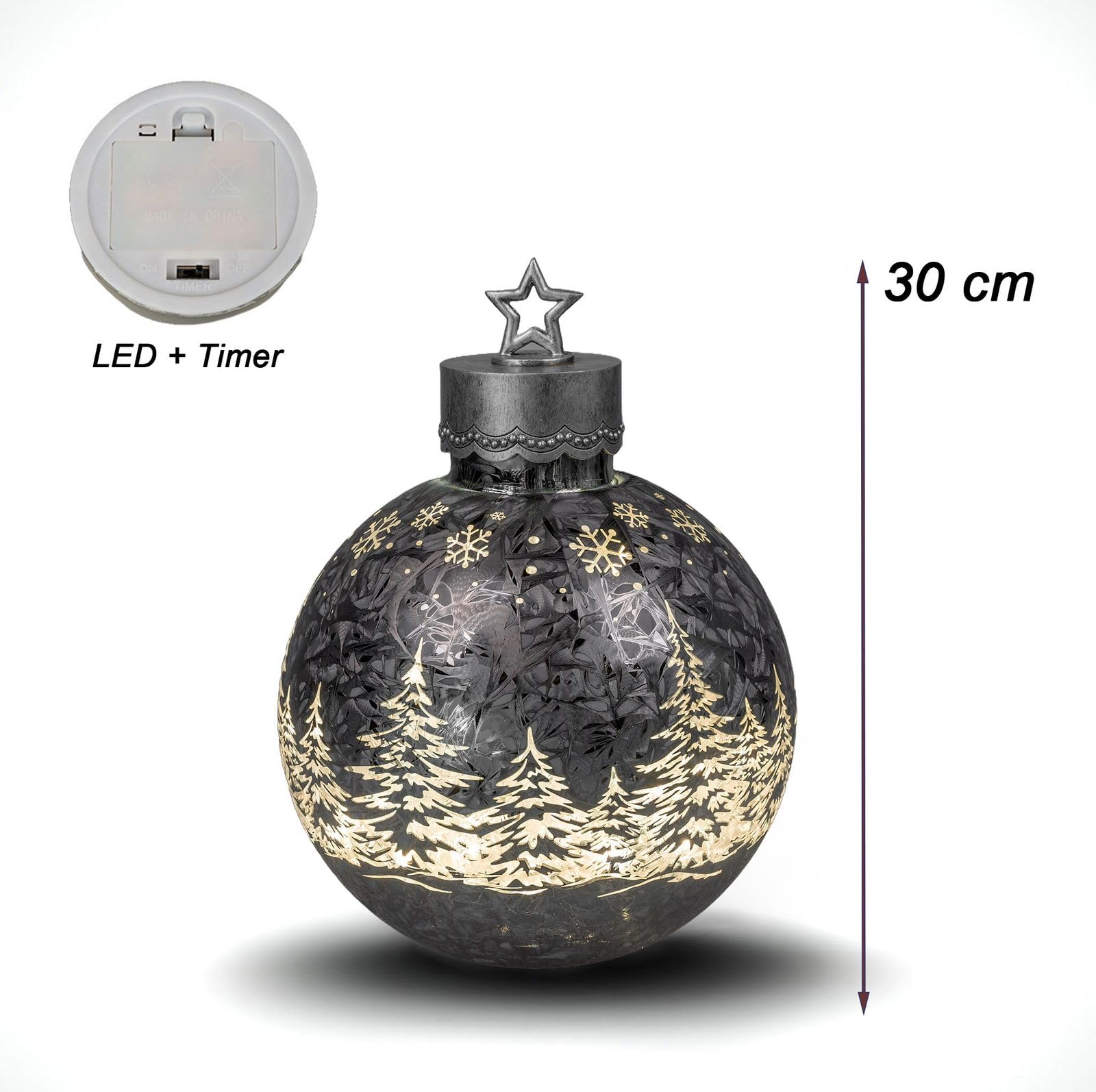 formano Dekoracyjna kula Frosty szara, 30 cm z timerem LED, podświetlana szklana kula – dekoracja bożonarodzeniowa, regał 6 h/18 h, timer