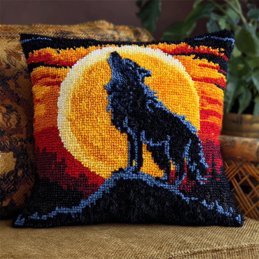 Kitquiver Animal Latch Hook Kits for Adults Wolves and The Moon DIY Latch Hook Kits Pillowcase Embroidery,Knitting,Gift for Adults/Beginners 17x17In