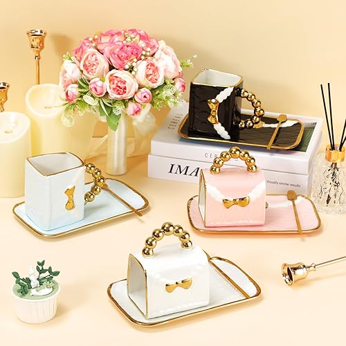 Miniatura 4 de Juego de 4 tazas de café con forma de bolso de té de cerámica con cuchara platillo de 10 onzas10.5 fl oz monedero taza de regalo para oficina,