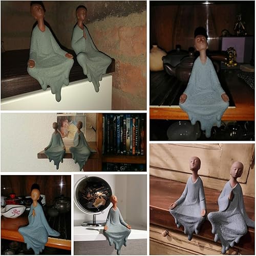 Miniatura 6 de Monje pequeño de cerámica de arcilla morada, escultura con manos rezando sentadas, estatua de Buda sentada, meditación, estatua de monje, muebles