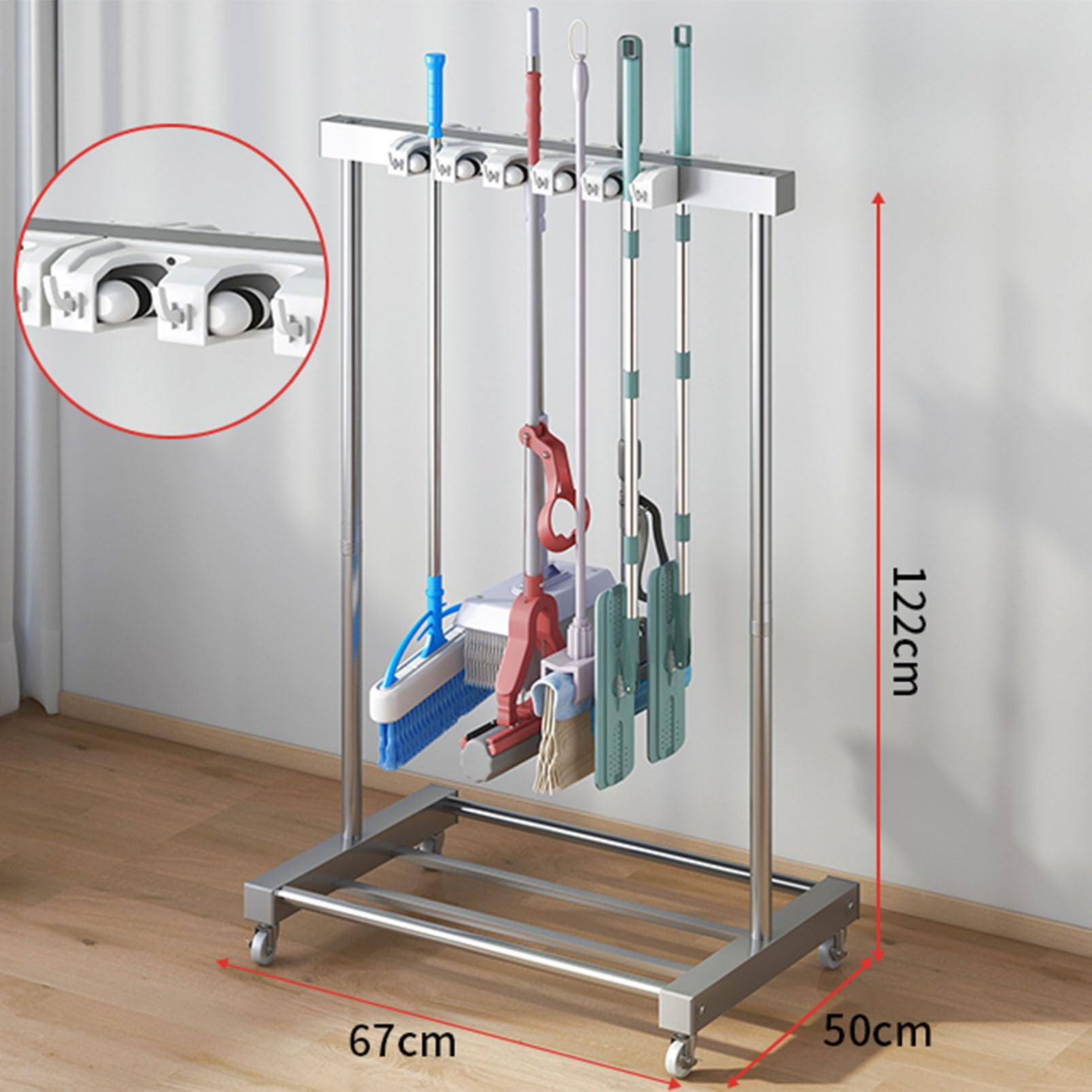 Ruchomy wózek narzędzia do mopów miotły, wózek Wieszknik miotły ze stali nierdzewnej, ciężki, Commercial Cleaning Hopties Organizer z haczykami, Rojusz na narzędzia wieszak na miotły