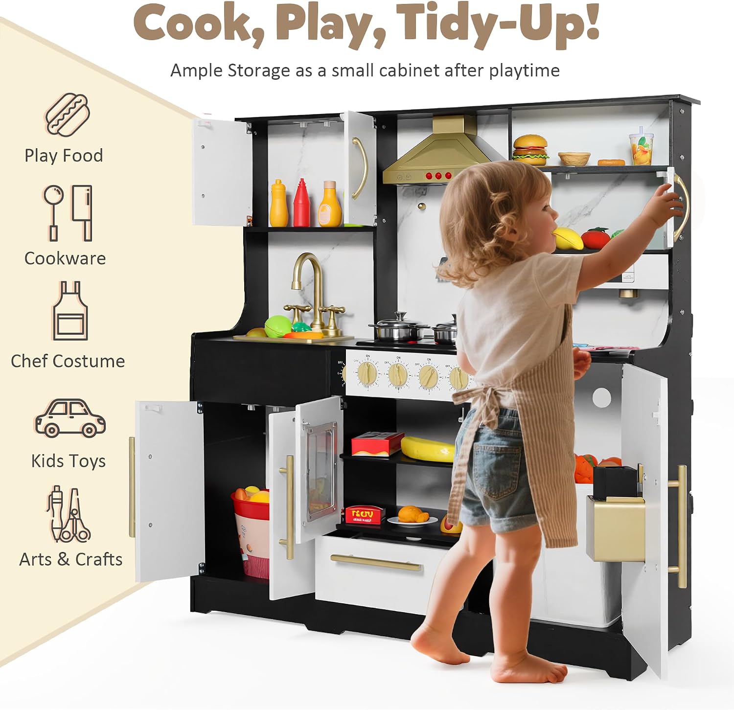 TODEFULL Kids Kitchen Playset, Wooden Play Kitchen with Toy Storage System, Pretend Play Kitchen Set Toy with Range Hood, Ice Maker & Coffee Maker, for Kids Ages 3+, Pink