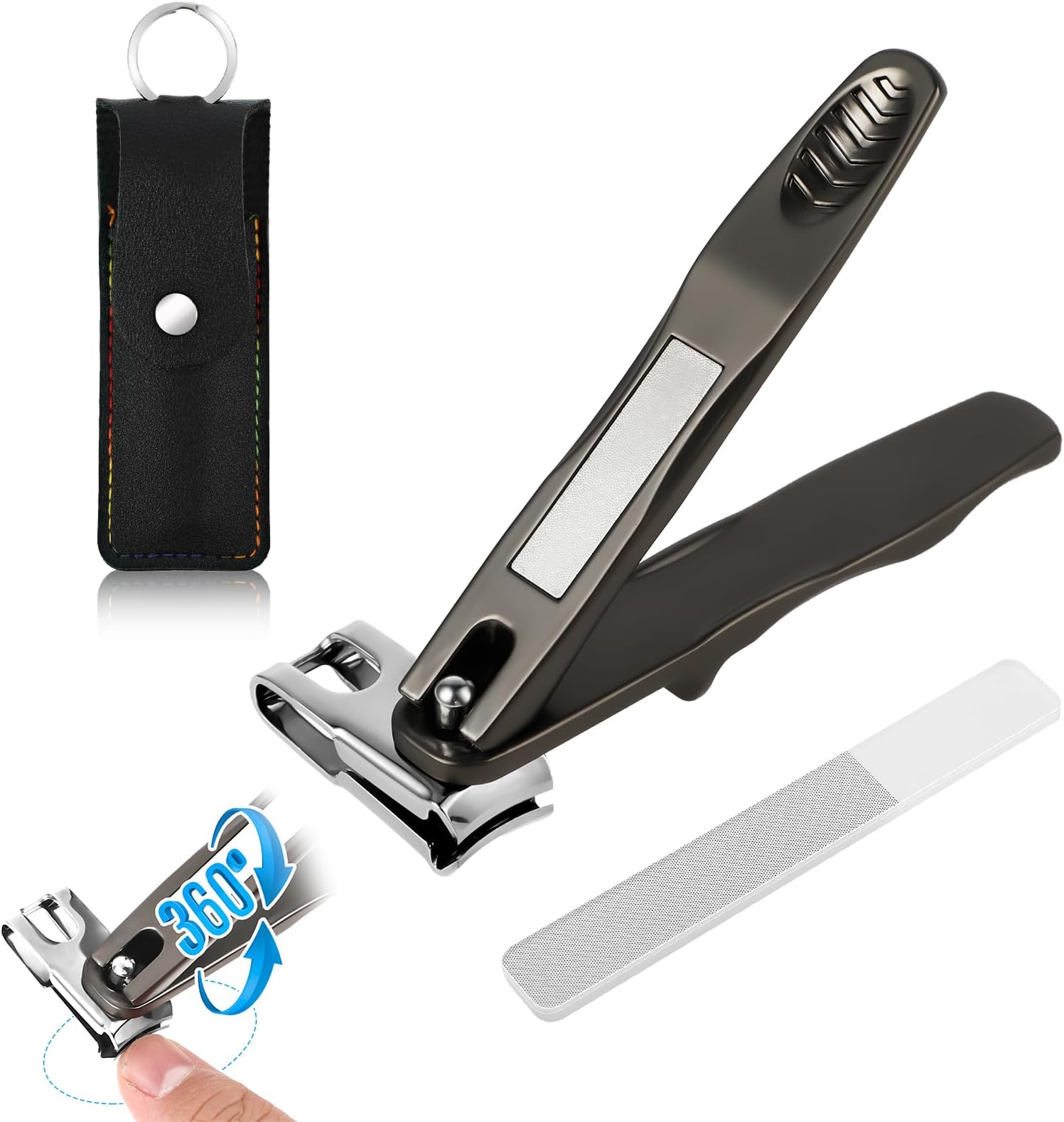 Bewudy360 Rotation Nail Clippers for Seniors, Stainless Steel Toenail Clippers for Seniors, Long Handled Toenail Clippers for Seniors Thick Toenails, Toe Nail Clippers Set with Files (Black)