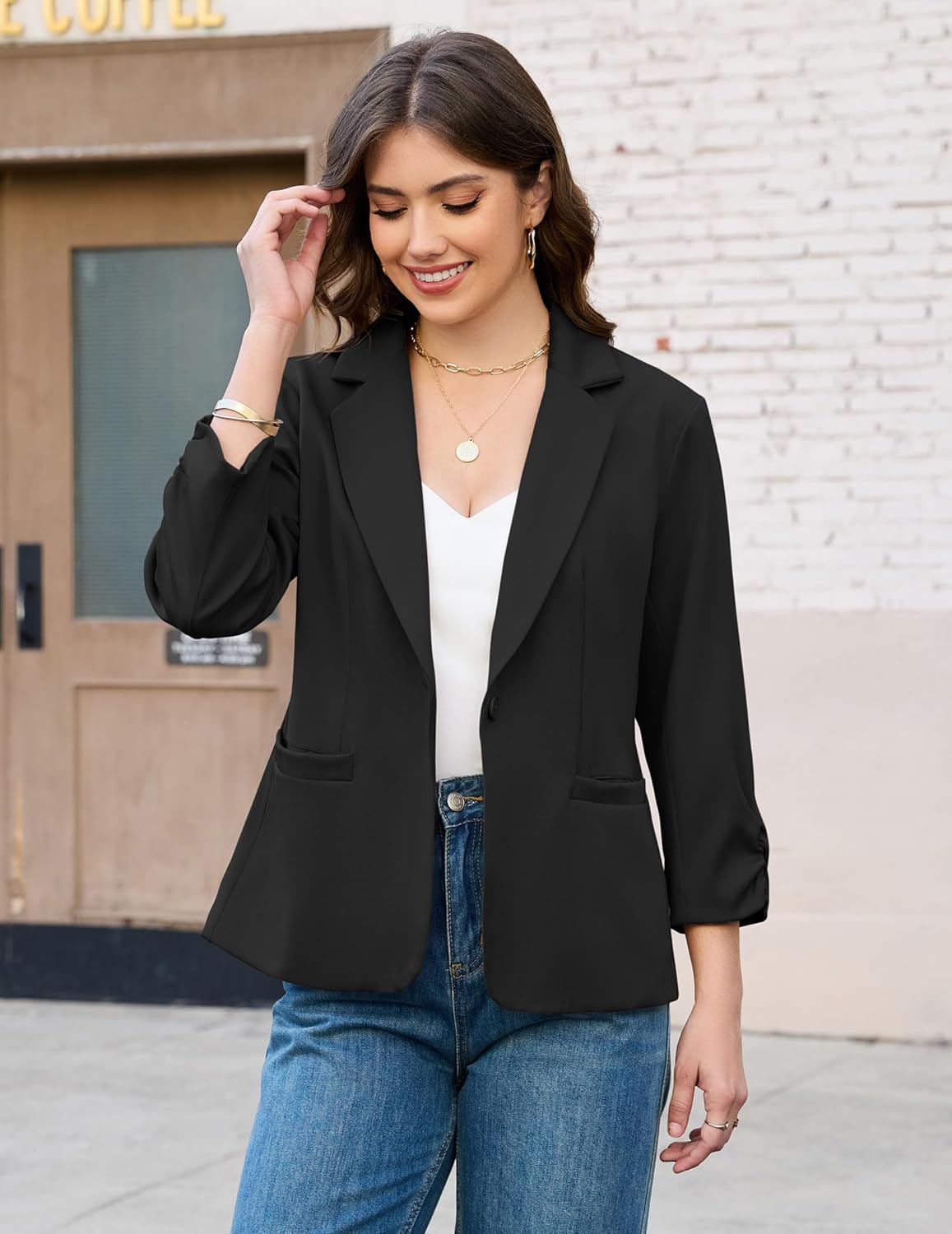 AGSEEM Women's Ruched 3/4 Sleeve Blazers 2026 Business Casual Lightweight Slim Fit Work Office Suit Jacket with Fully Lined - Image 3