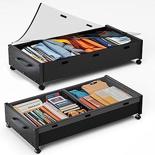 KITHELP Unterbettkommode aus Holz mit Rollen, 80 l, extra groß, zum Rollen unter dem Bett, Aufbewahrungsbehälter mit abnehmbarem Deckel, Metallunterbettschubladen für Kleidung, Schuhe, Decken im