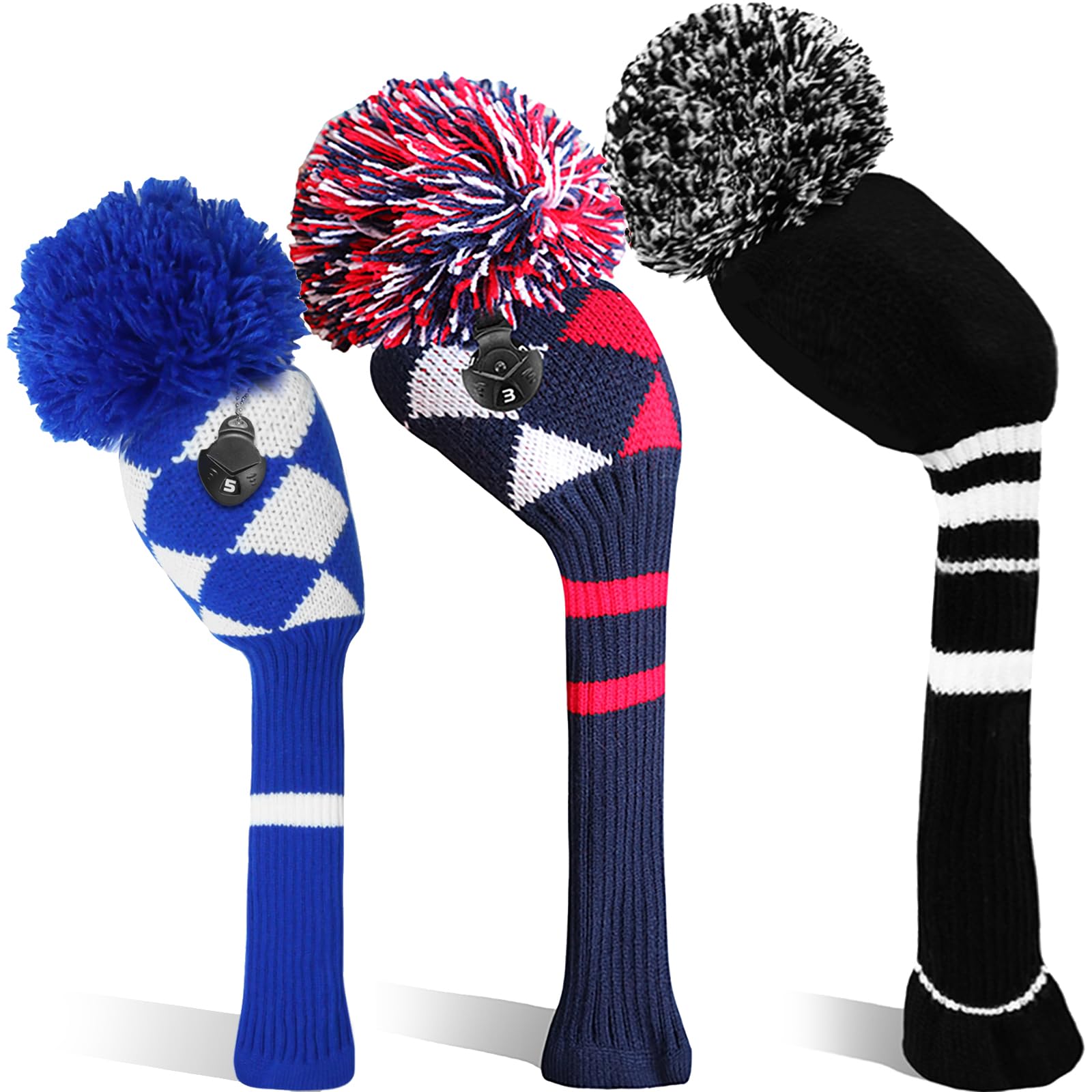 Golf Head Covers Woods Driver Fairway Hybrid 3 Pcs,Golf Headcover Pom Knitted Number 1 3 5 for Men Women Anti-Wrinkle Washable Soft Portable Color Blue Red (Black&vermeil&Navy) โ image 1