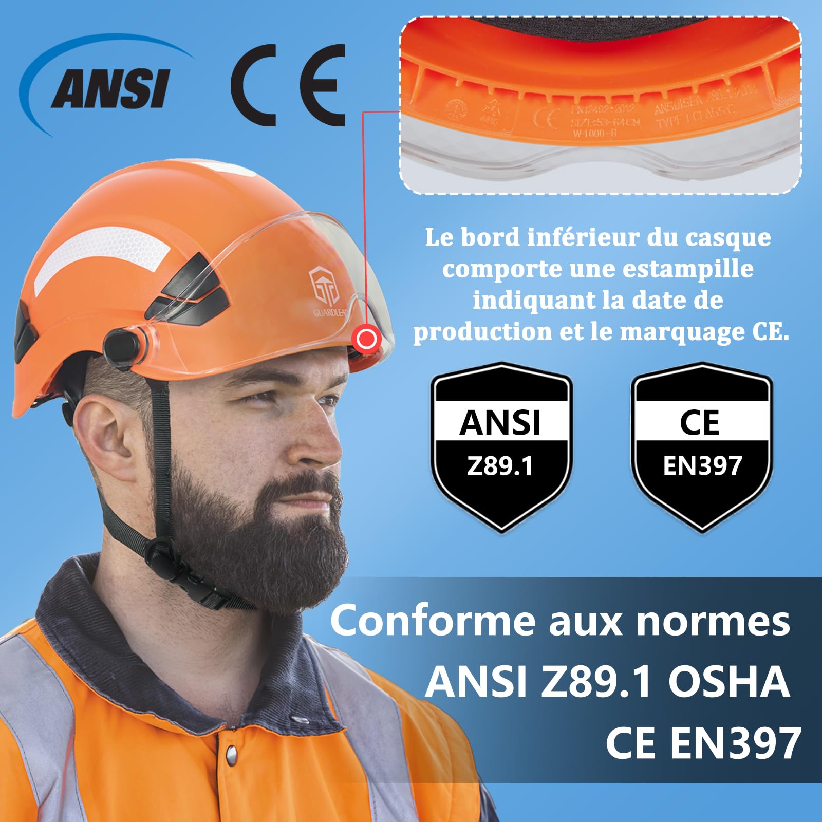 Casque de sécurité pour homme et femme, approuvé ANSI Z89.1, idéal pour l'industrie et la construction, ventilé