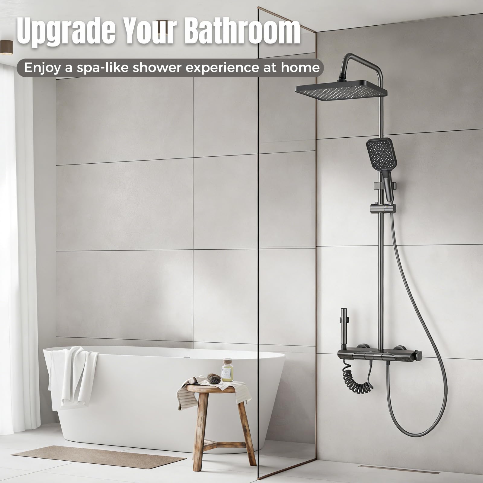 Colonne de Douche avec Affichage Numérique LED, Système de Douche 4 en 1, Réglable en Hauteur Intégrant une Douchette Hygiénique, Lumière d'ambiance Bleue