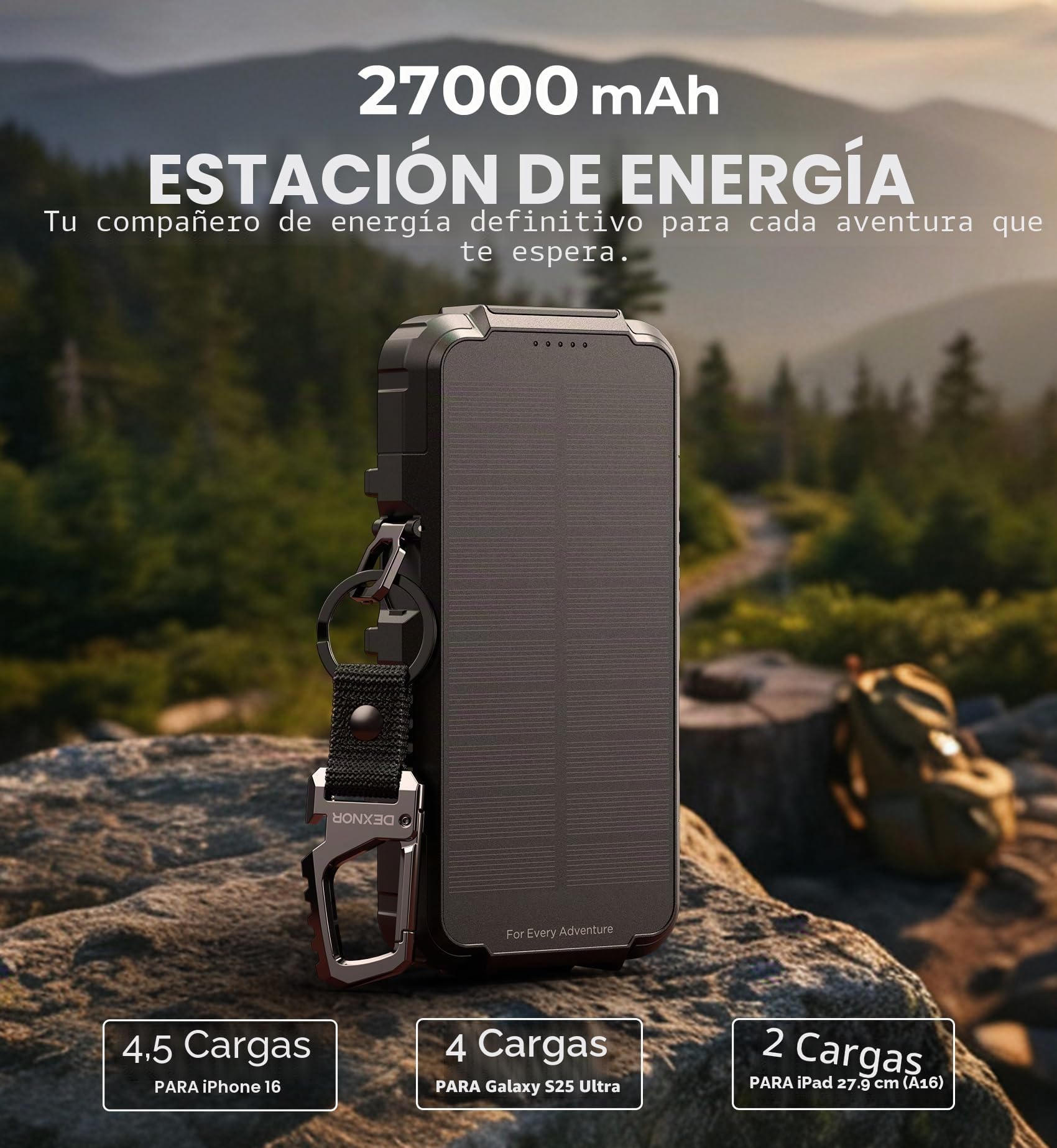 Dexnor Power Bank Solar 27.000mAh con Carga Rápida 65W PD3.0 & QC3.0, Batería Externa Portátil con Cargador Inalámbrico, Linterna y Mosquetón - Compatible con MagSafe y Qi