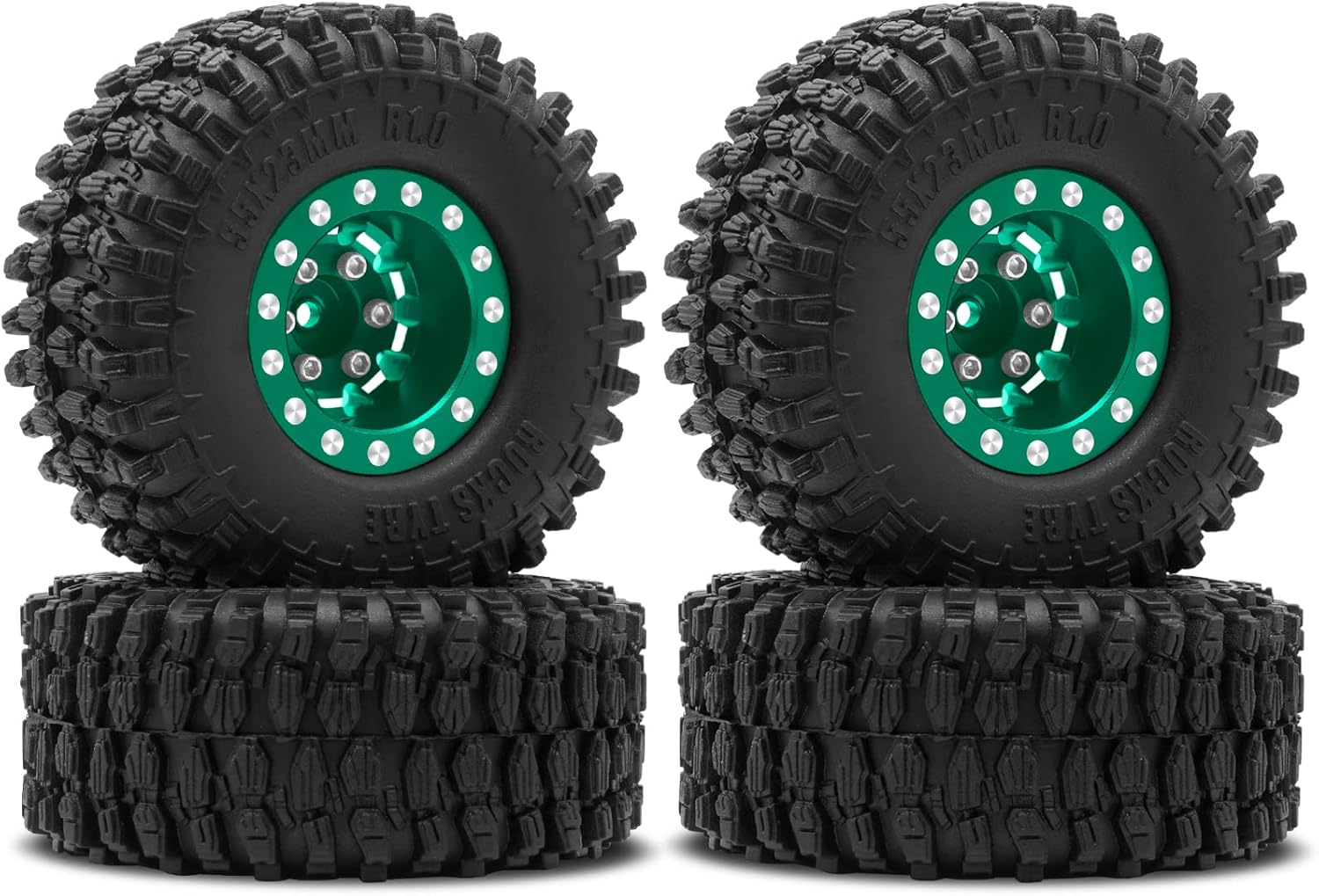 OGRC 1.0 Wheels Deep Dish Rims Negative Offset 7mm Wheels with New Compound 1.0 Tires for Axial SCX24 Gladiator Bronco C10 JLU Deadbolt RC Crawler Upgrades Parts (Green)