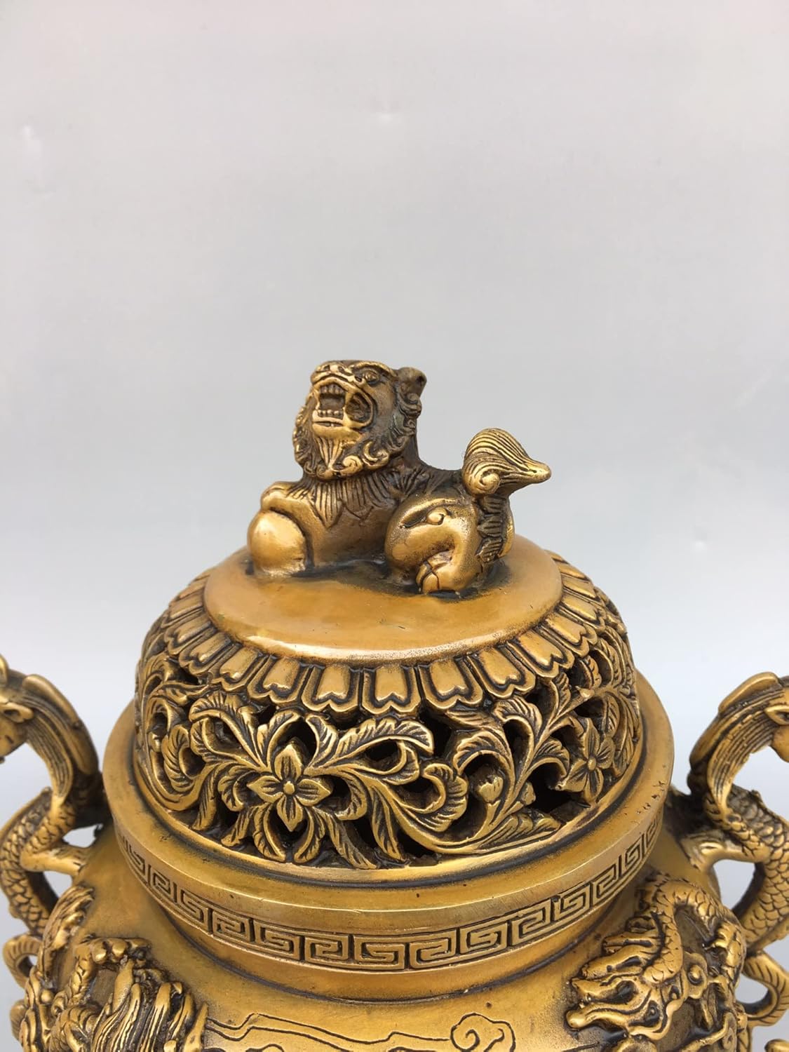 8" Tibetan Temple Collection Bronze Patina Seikos Lion Pan Dragon binaural Three-Legged Incense Burner Ornament Town House Exorcism
