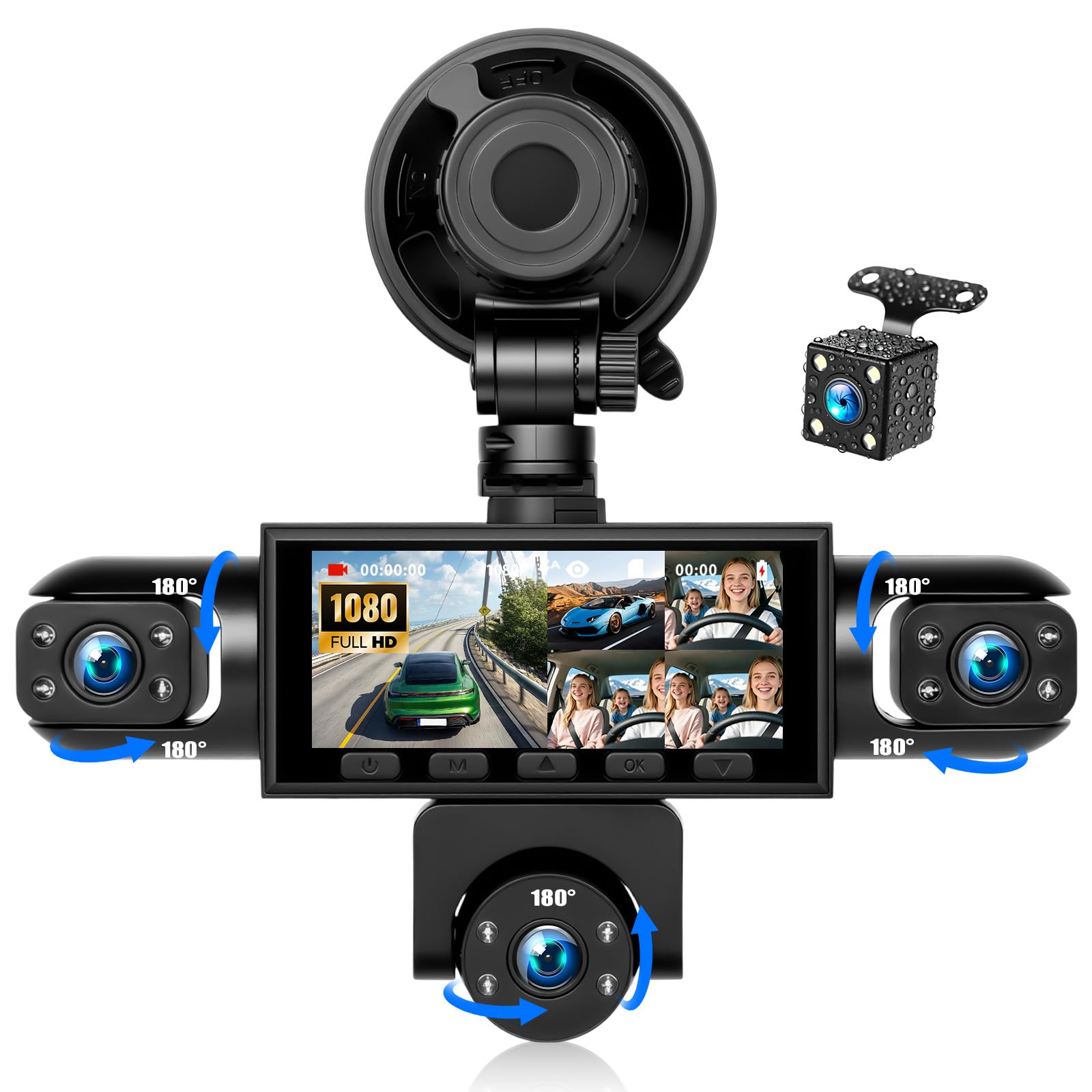 OiLiehu 5 Canales Cámara para Salpicadero 3,16" para Coches, Resolución 1080P + 480P, 5 Lentes con Grabación en Bucle, G-Sensor, Visión Nocturna, Asistencia Aparcamiento,Detección de Movimiento