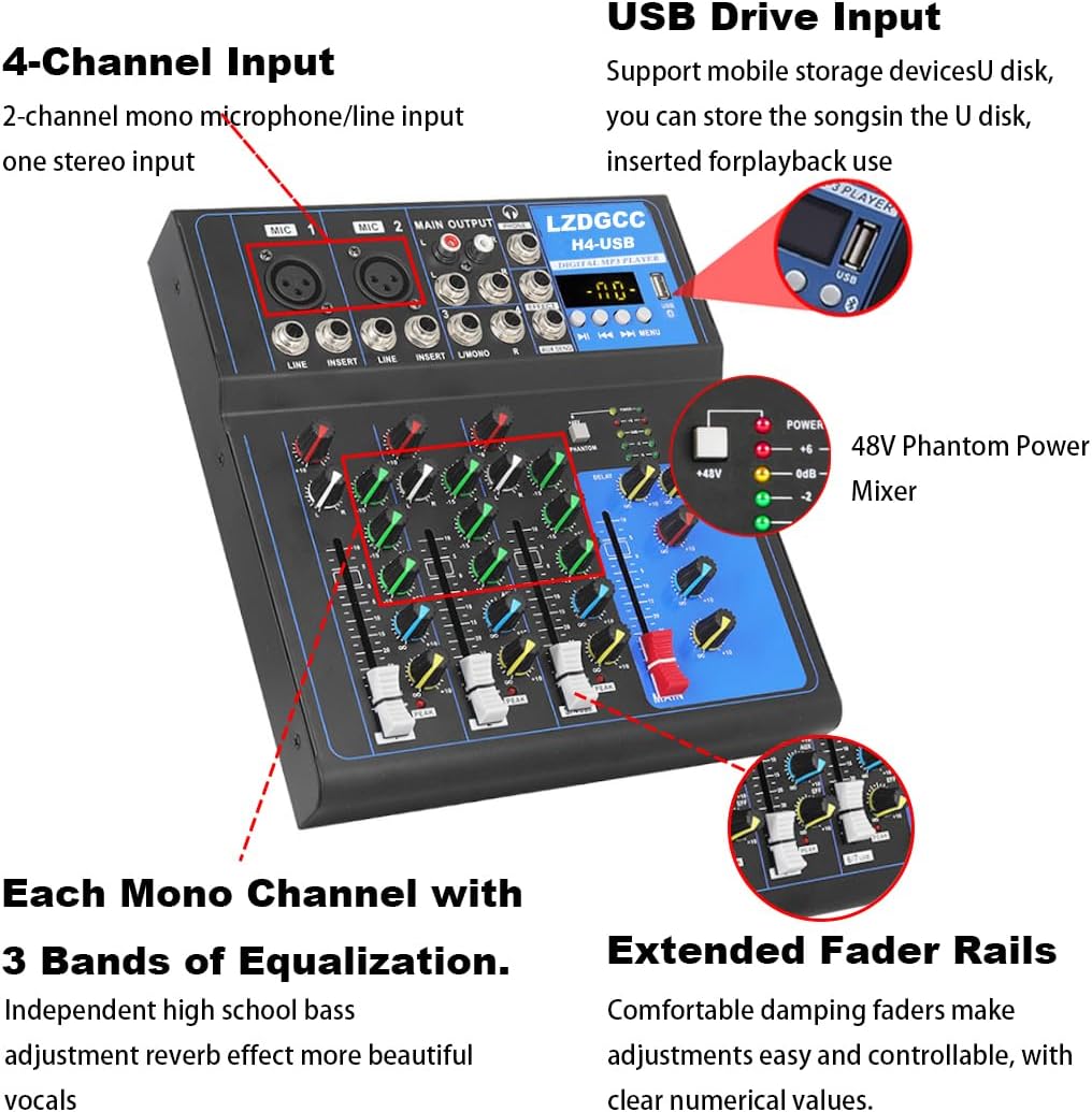 Professional Audio Mixer, 4 Channel DJ Mixer Board, Bluetooth Portable Audio Mixer Board, USB DJ Mixer Board with 48v Phantom Power, DJ mixers Sound Board for Live Show Streaming Music Stage Karaoke