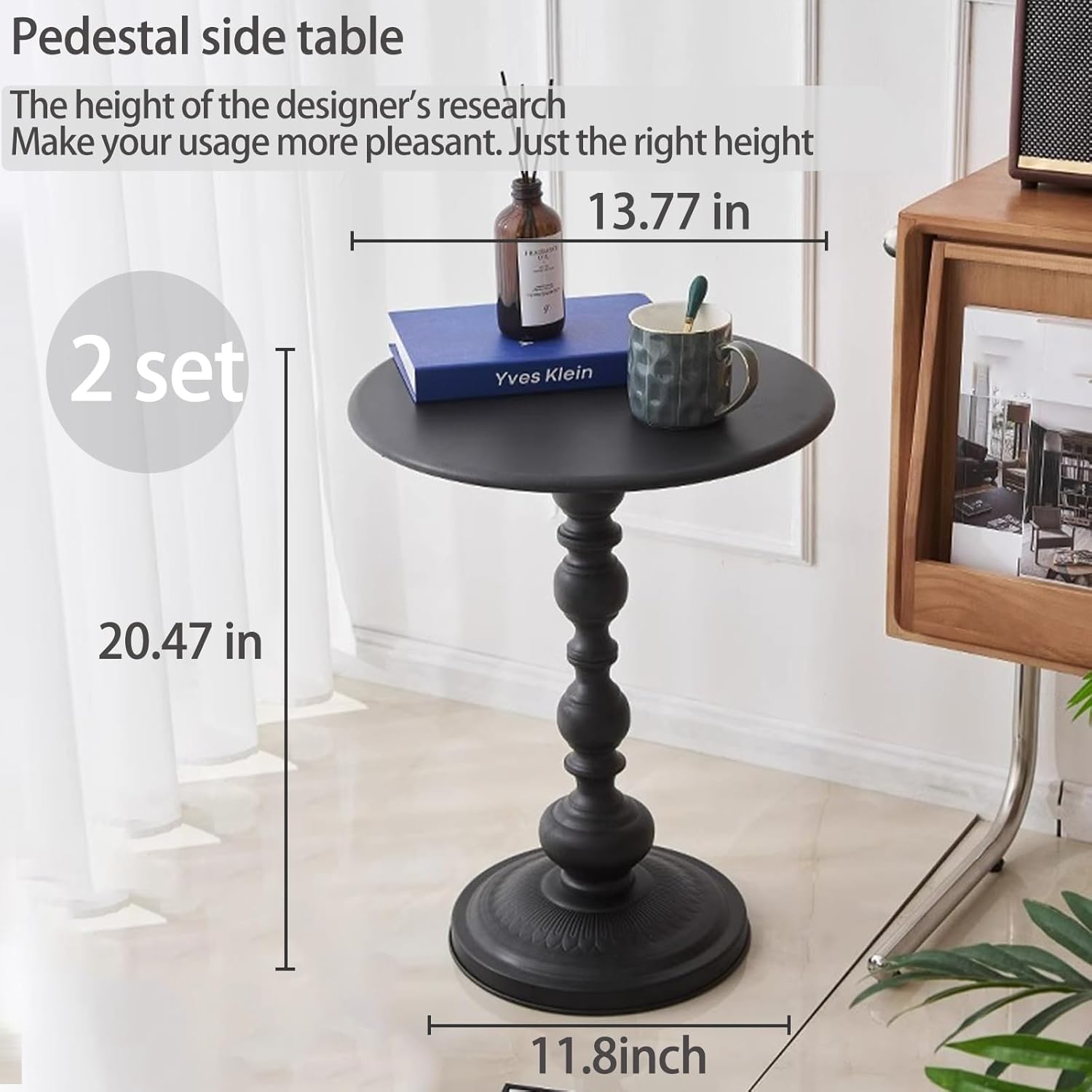 2 Set Pedestal Metal Round Side Table, Black Sofa Table, Small TV Tray Table for The Sofa in The Living Room and Bedroom, Bed, Chair, Mini Coffee Table, Headboard Table, 13.77 (W)*20.47 (H) 2 2pcs - Black Upgrade Iron Table