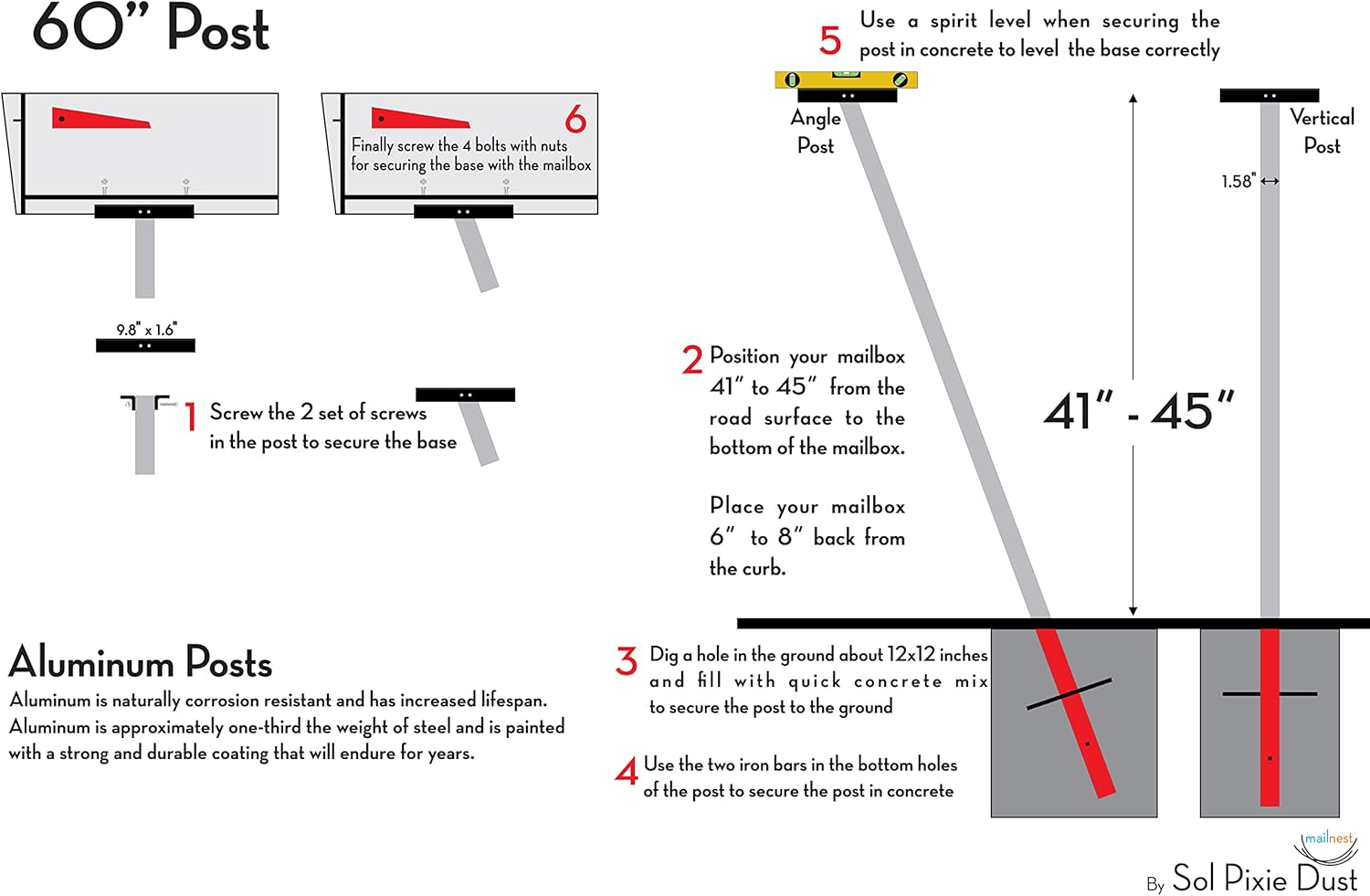 Mailbox Post/Pole - Post Mounted Mailbox - Metal Mailbox Post - Modern Minimalist Design - Type 4 (Angled, Aluminum - White)