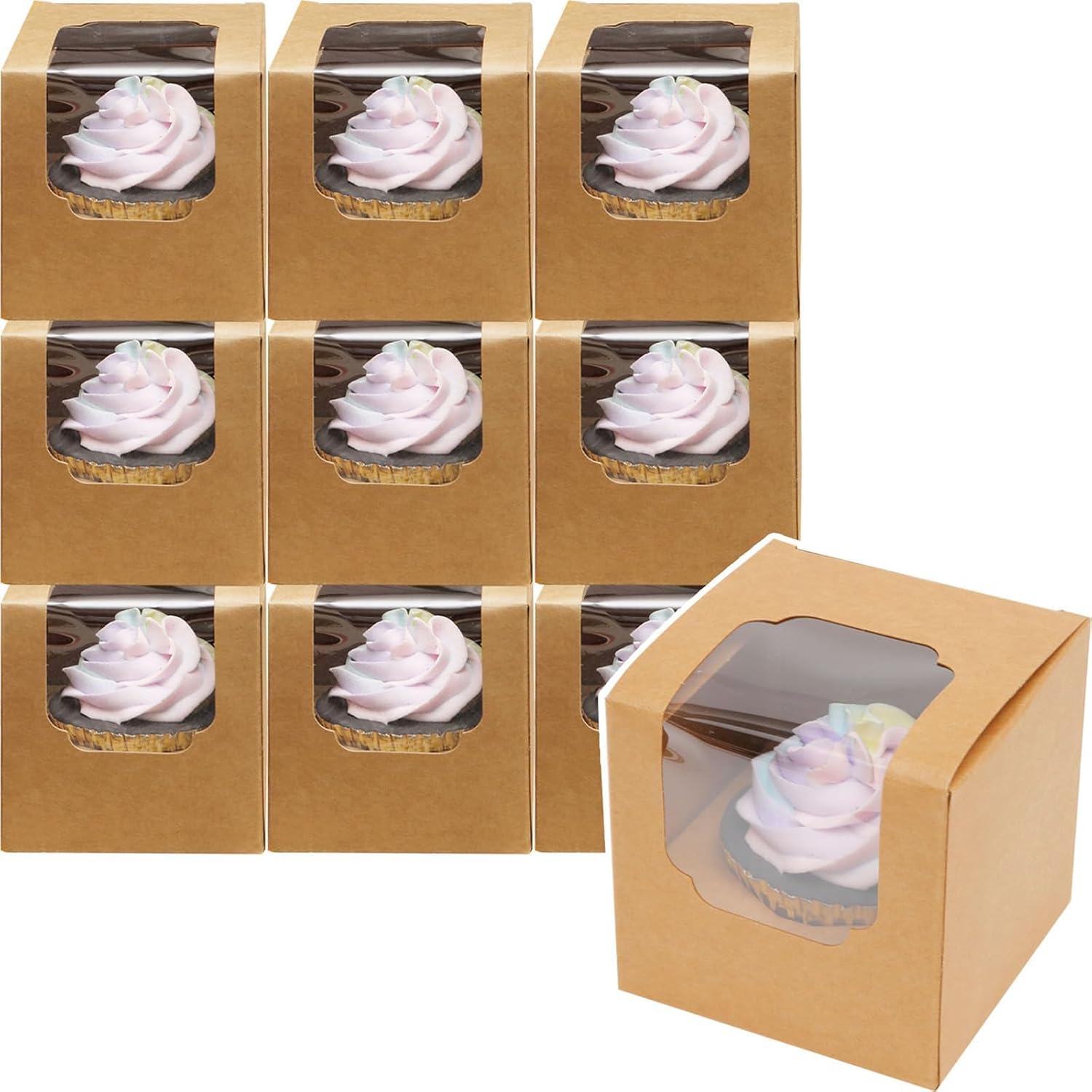 qiqee Cupcake Boxes 200-Packs Individual Cupcake Container Brown 3.5" x 3.5" x 3.5" Single Auto-pop up Cupcake Boxes