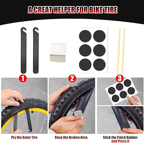 Miniatura 6 de Kit de herramientas de bicicleta de 28 piezas, juego de reparación de bicicletas portátil, juego de neumáticos planos para bicicleta con mini bomba,