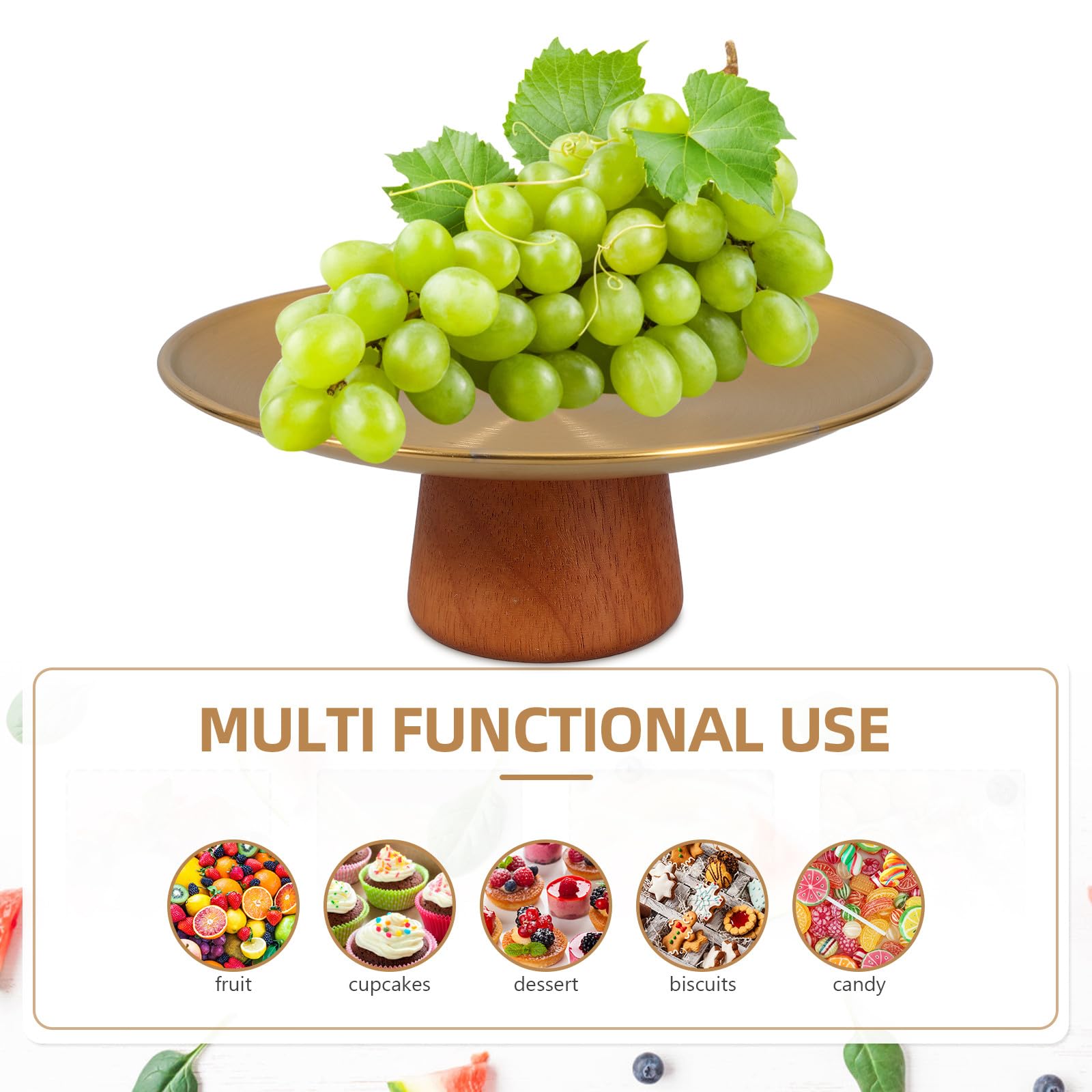 Elegante ciotola per frutta in acciaio inox con piede alto e base in legno, vassoio decorativo rotondo per frutta fresca, dessert e snack, robusta, facile da pulire, elegante espositore per cucina