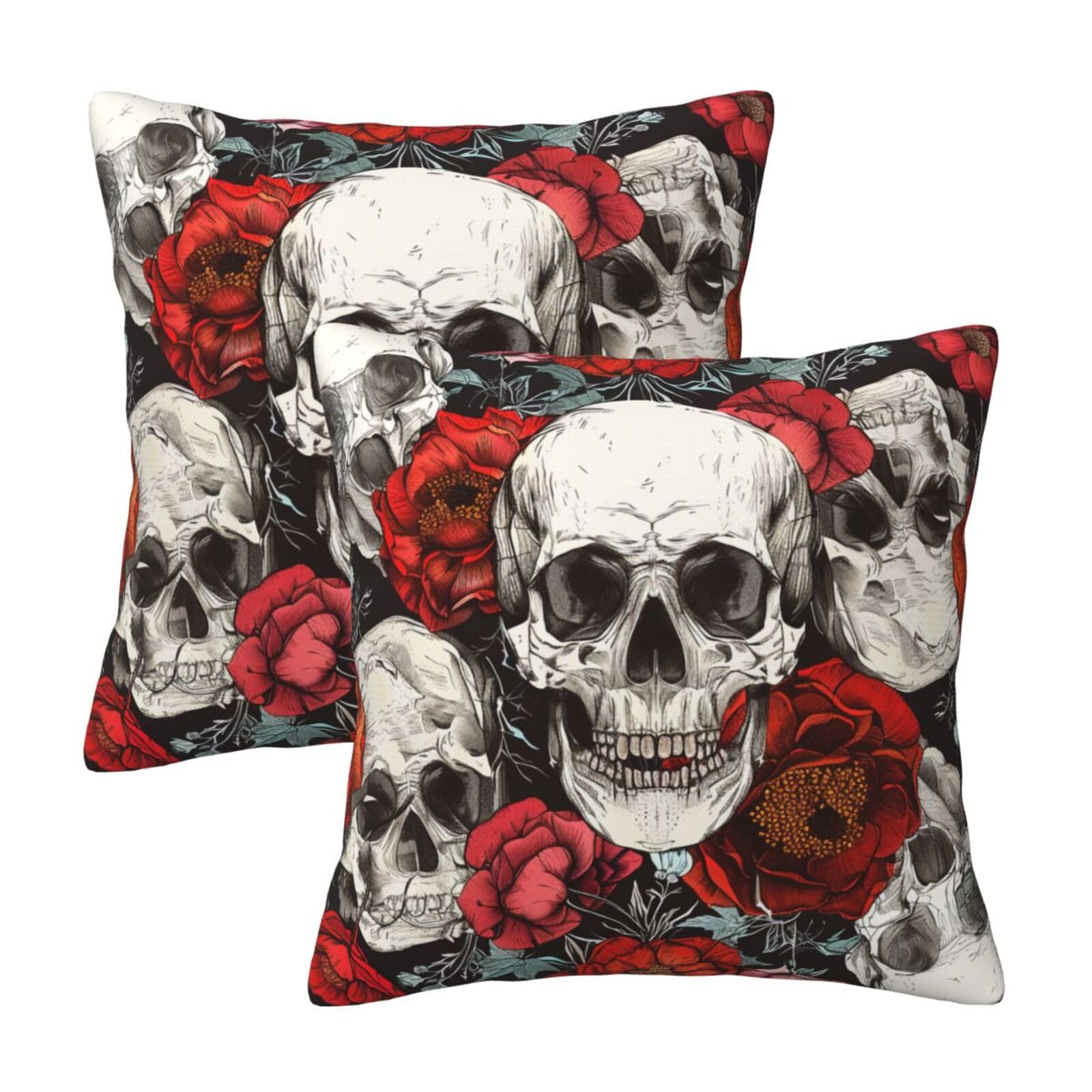 kkvhhyuo Halloween Skull Print Pillow Covers Set of 2, Square Decorative Cushion Covers with Hidden Zipper, Throw Pillow Cases for Living Room Sofa Bed Chair, 45x45 cm