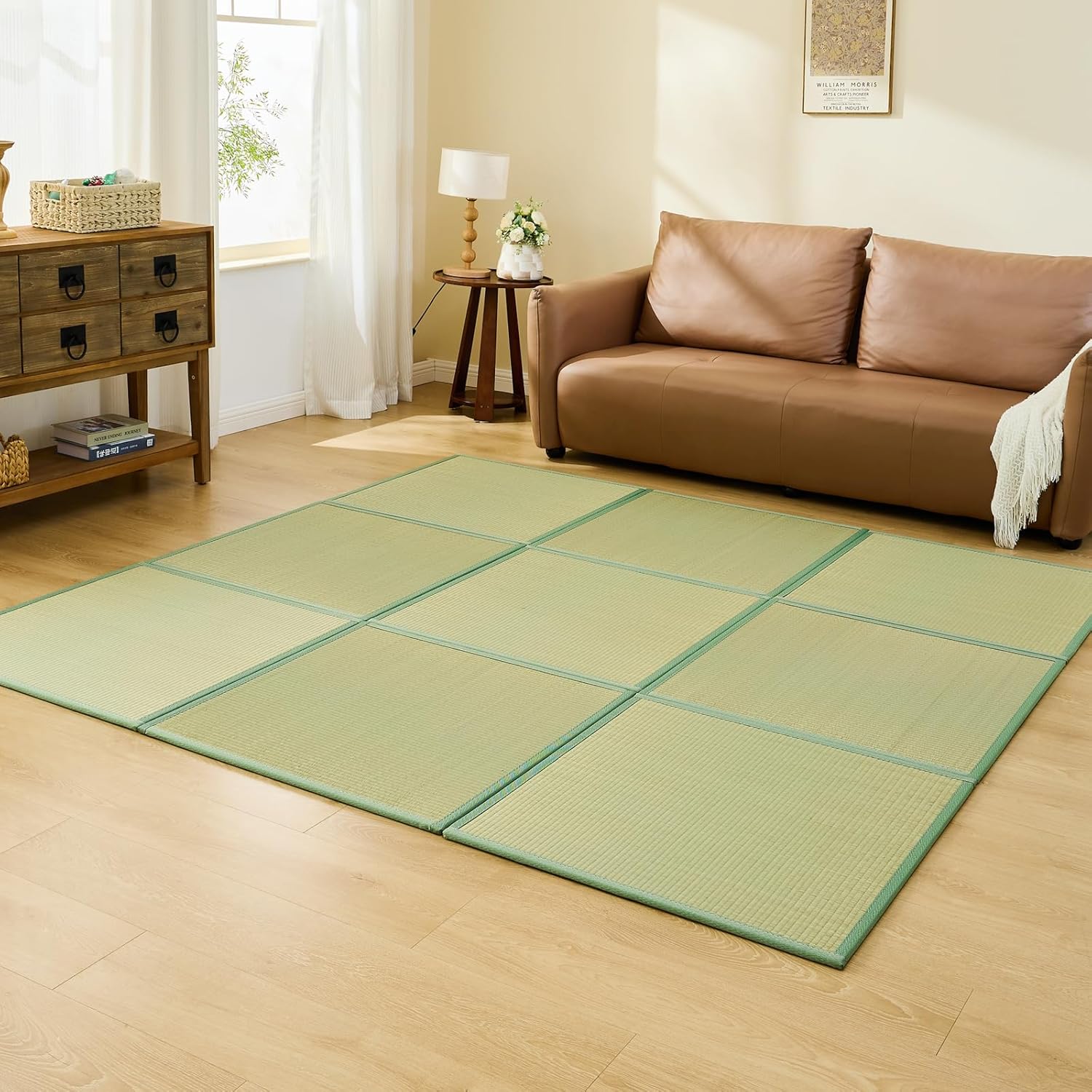 Japanese Tatami Mat, 31.5 in x 31.5 in x ½ in, 62 Sq Ft - 9 Pc, Foldable DIY with Non-Slip Design, Floor Padding for Crawling and Yoga, Relaxing, Meditation, Made of Rush Grass, Igusa