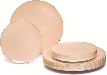 OCCASIONS  50 Plates Pack 25 Guests-Wedding Party Disposable Plastic Plate Set -25 x 10.25 Dinner + 25 x 7.5 Salad & Dessert plates Bali in Blush & Gold