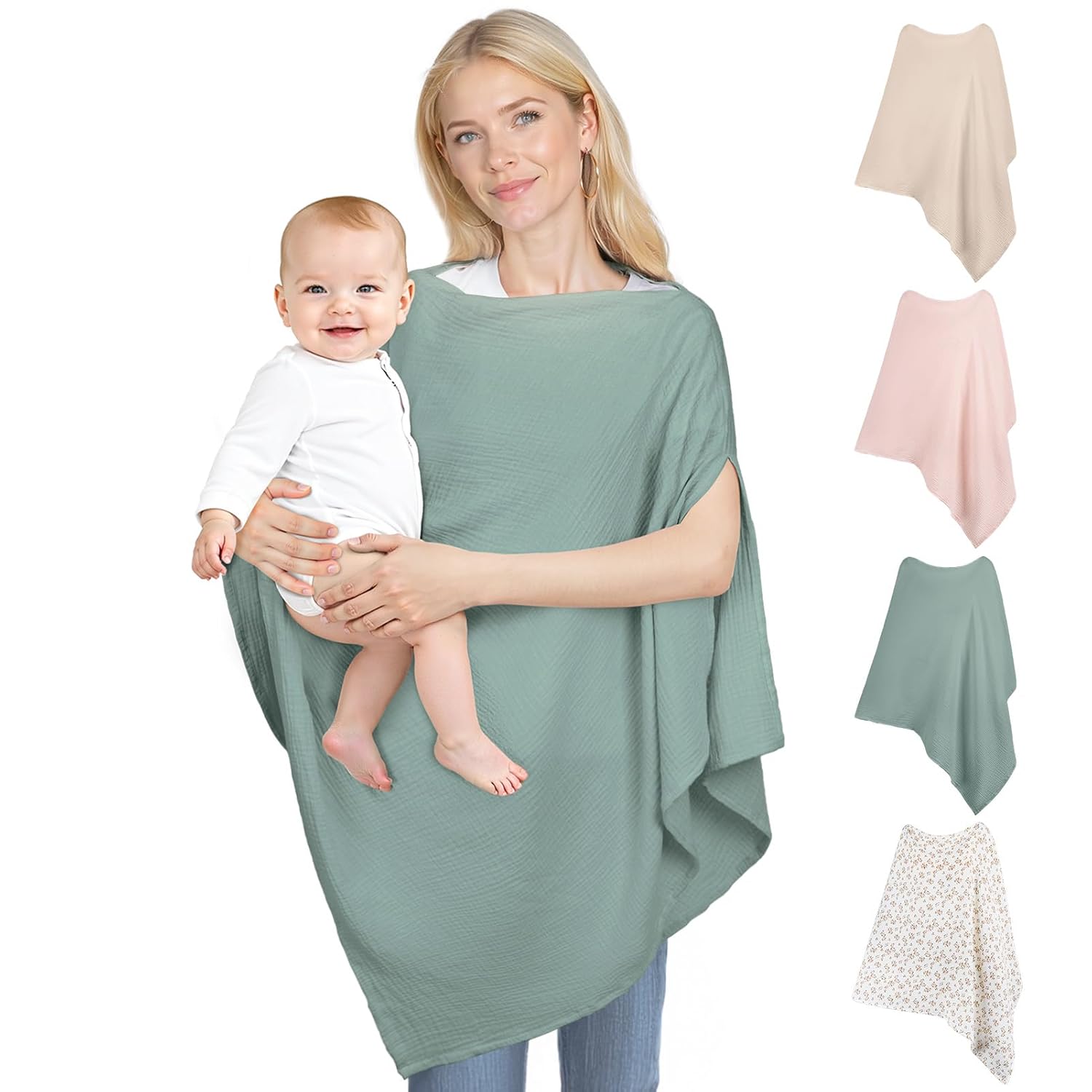 SheSeek Muslin Nursing Cover Breastfeeding - Soft Breathable 100% Cotton, 360° Full Privacy, Large 29x33in Green Cover Up for Newborns