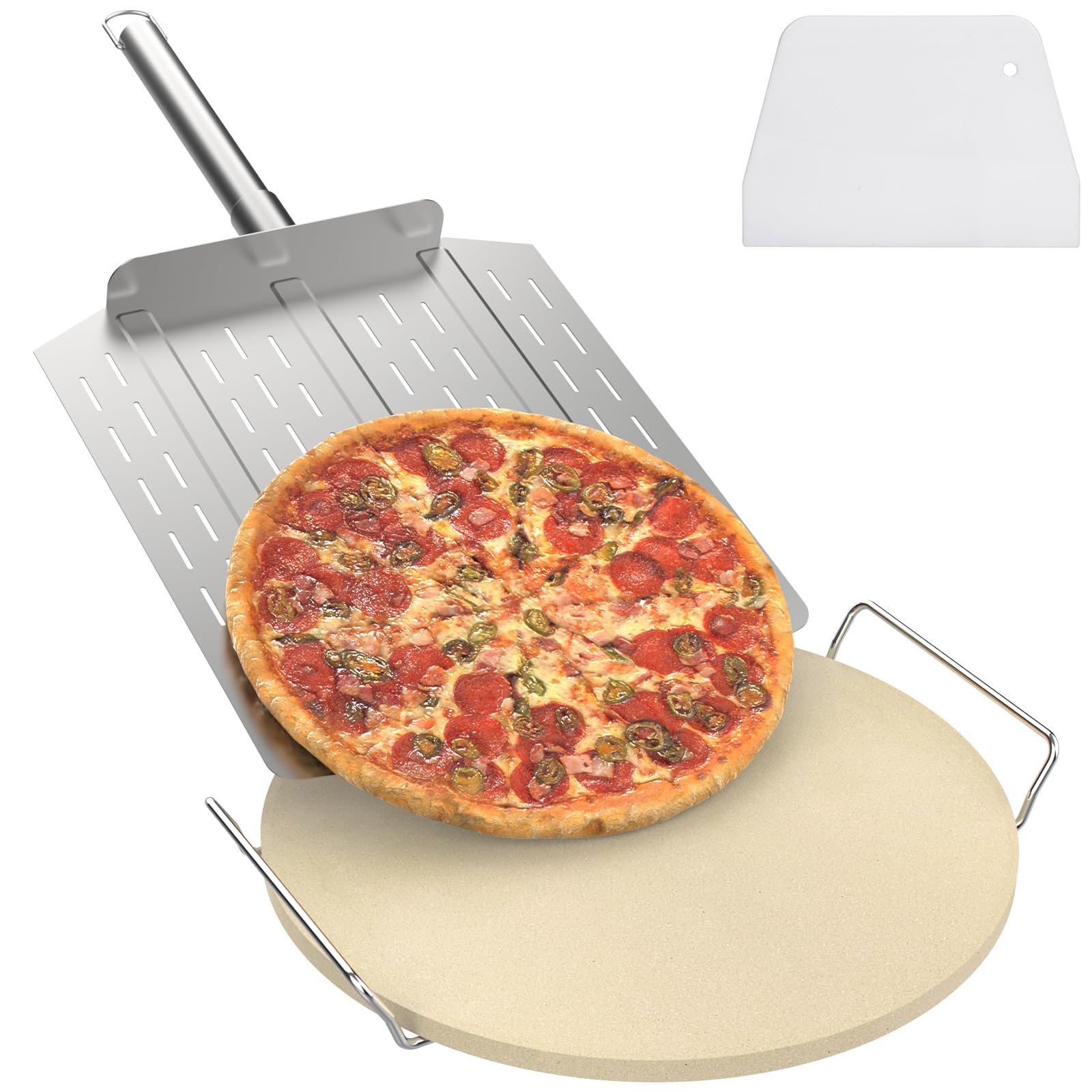 Photo 1 of "DcYourHome 16 inch Round Pizza Stone with Rack for Oven, BBQ Grilling, Natural Cordierite Pizza Stone Kit with Pizza Peel & Plastic Scraper for Baking Bread, Universal High Temperature Baking Stone"
