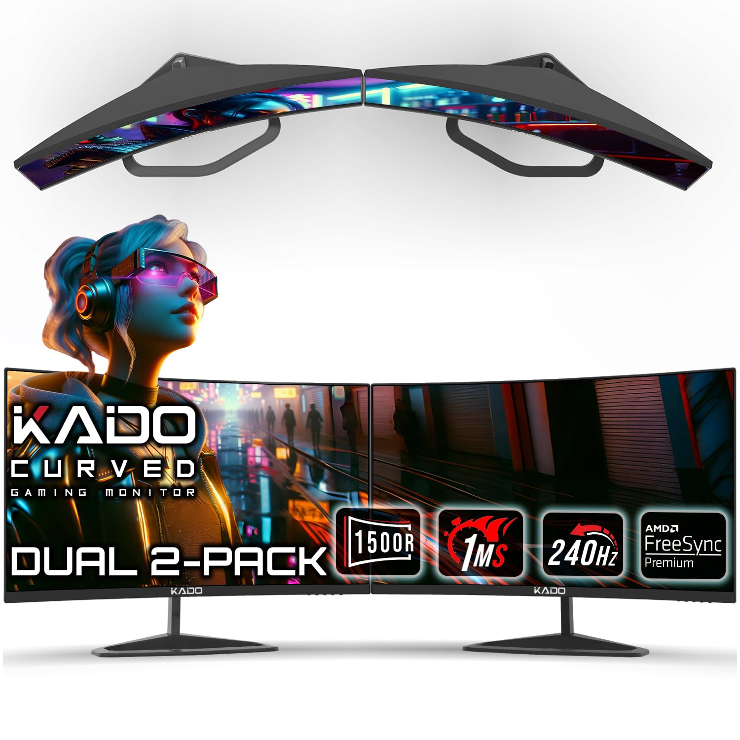 Kado 2-Pack 24.5" 240Hz 1ms Curved 1500R 1920x1080 Gaming Computer Monitor