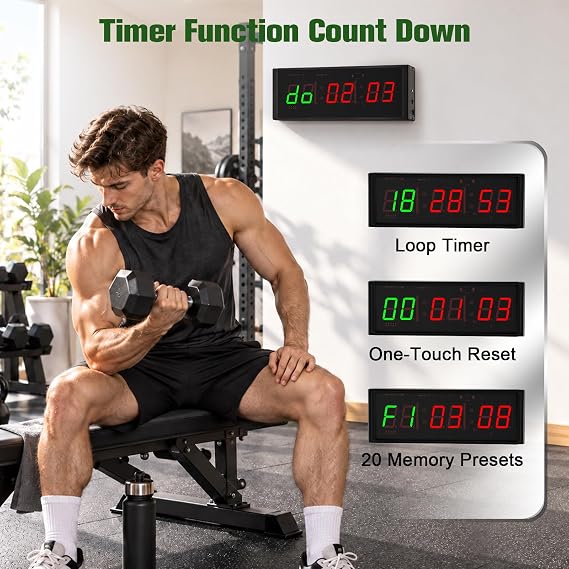 Gym Timer Clock with Remote, Interval Timer for Home Gym with Start/Stop Button & 12/24H Digital Display, Workout Stopwatch Countdown Timer for Fitness Training