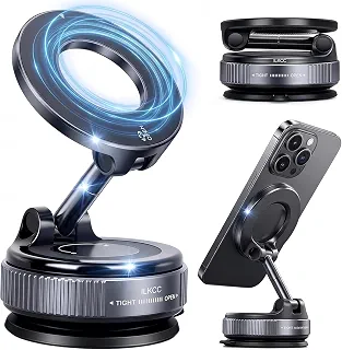Suporte Celular Carro Magnético com Ventosa Ultra Forte e Braço Articulado, Suporte Magnetico para Celular Giro 360° Compatível com MagSafe iPhone e Smartphones, Ideal para Painel e Para-brisa (preto)